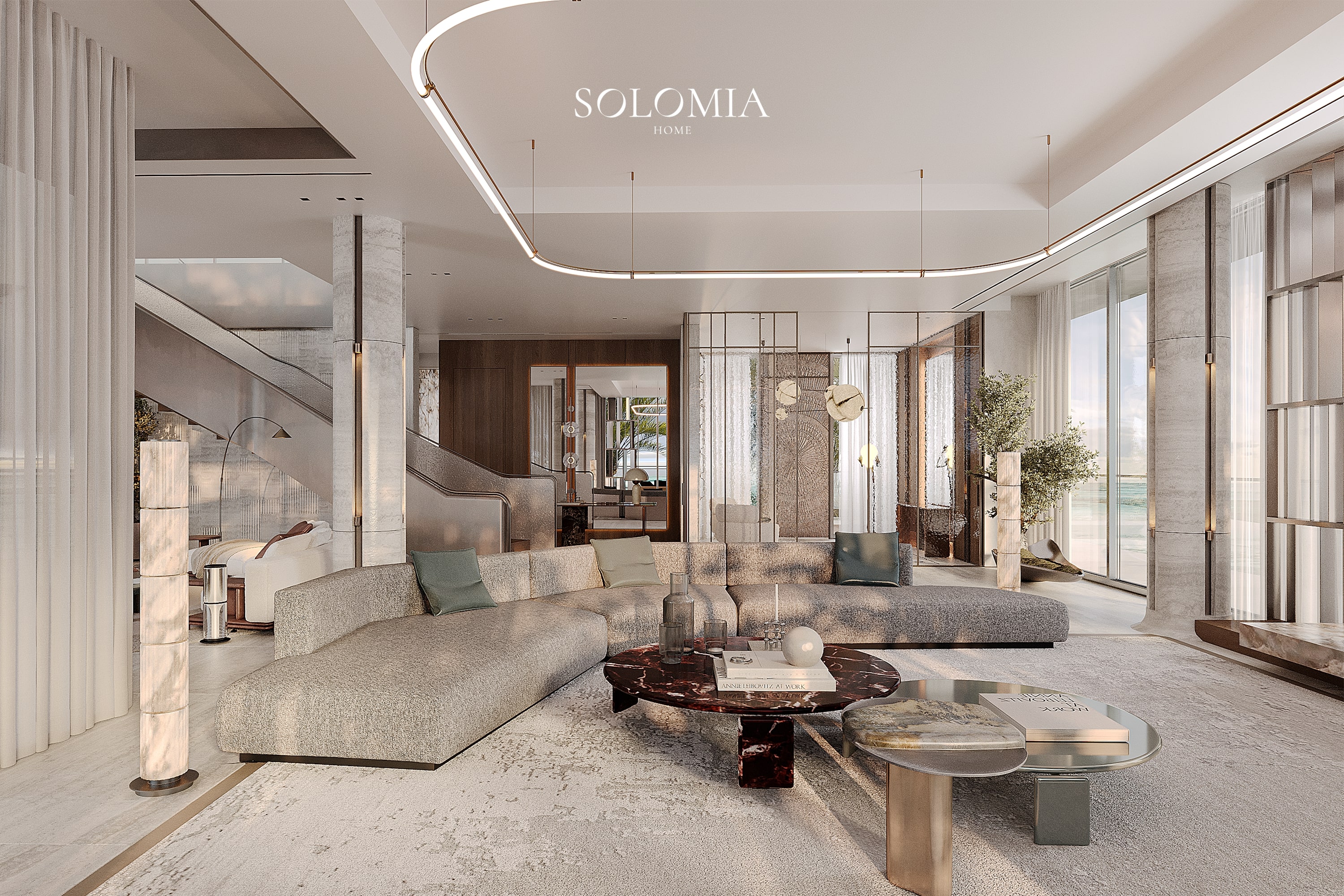 Living room with sea view and marble tables, Bvlgari Villa — luxury interior design Dubai