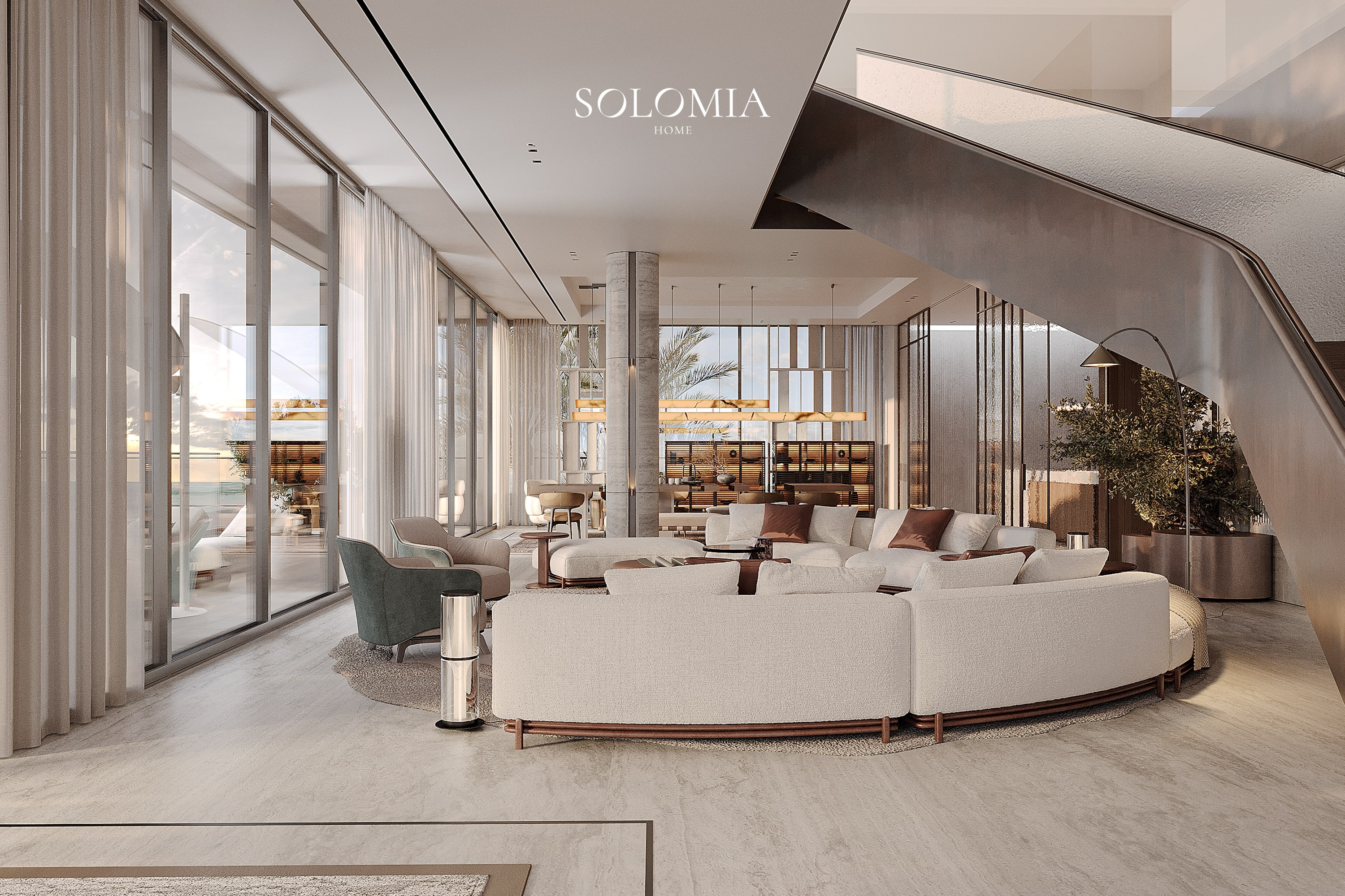 Living room with curved sofa and staircase, Bvlgari Villa — luxury interior design Dubai