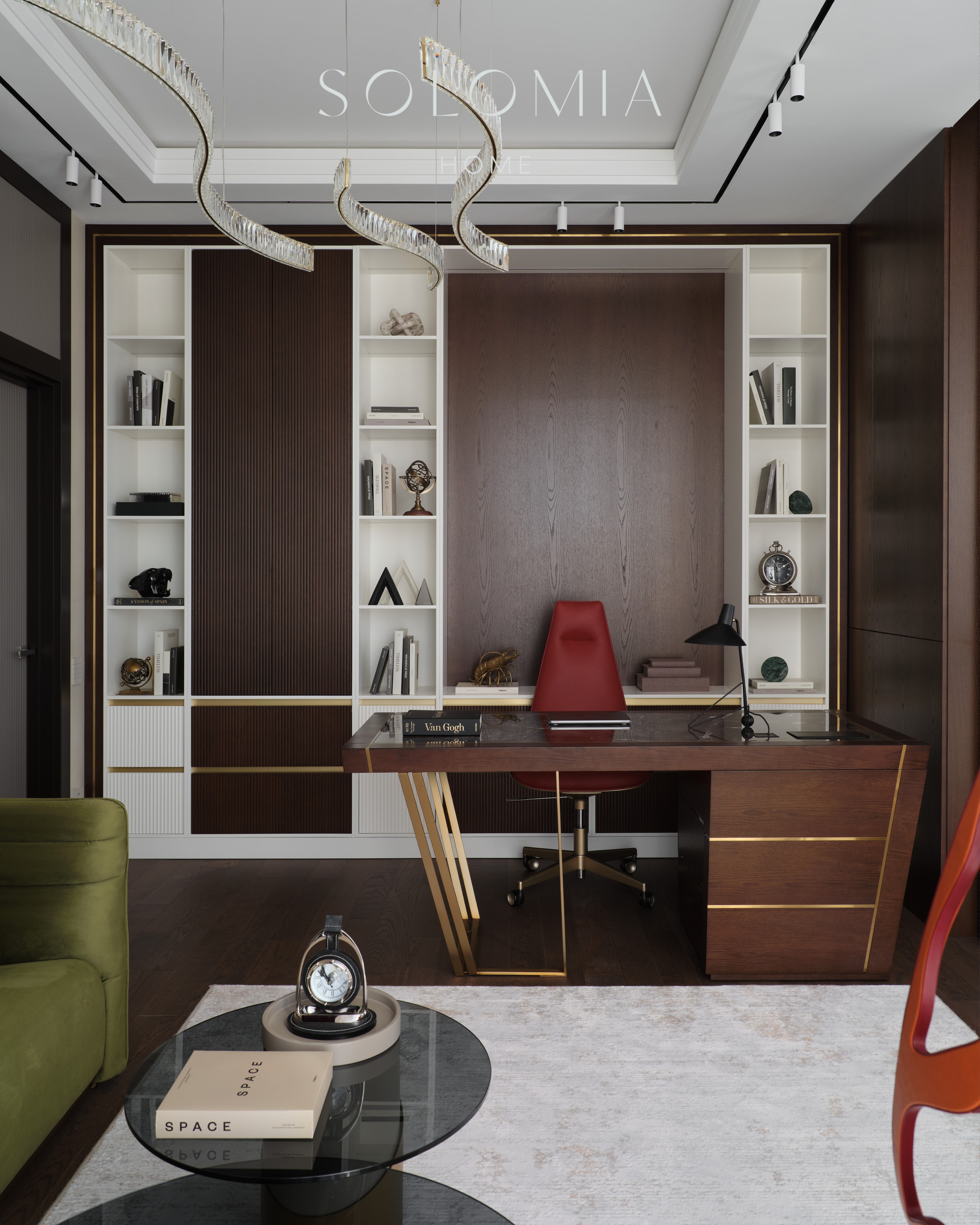 Home office with red chair and library, Apartment in Botanical Residence — luxury interior design Astana