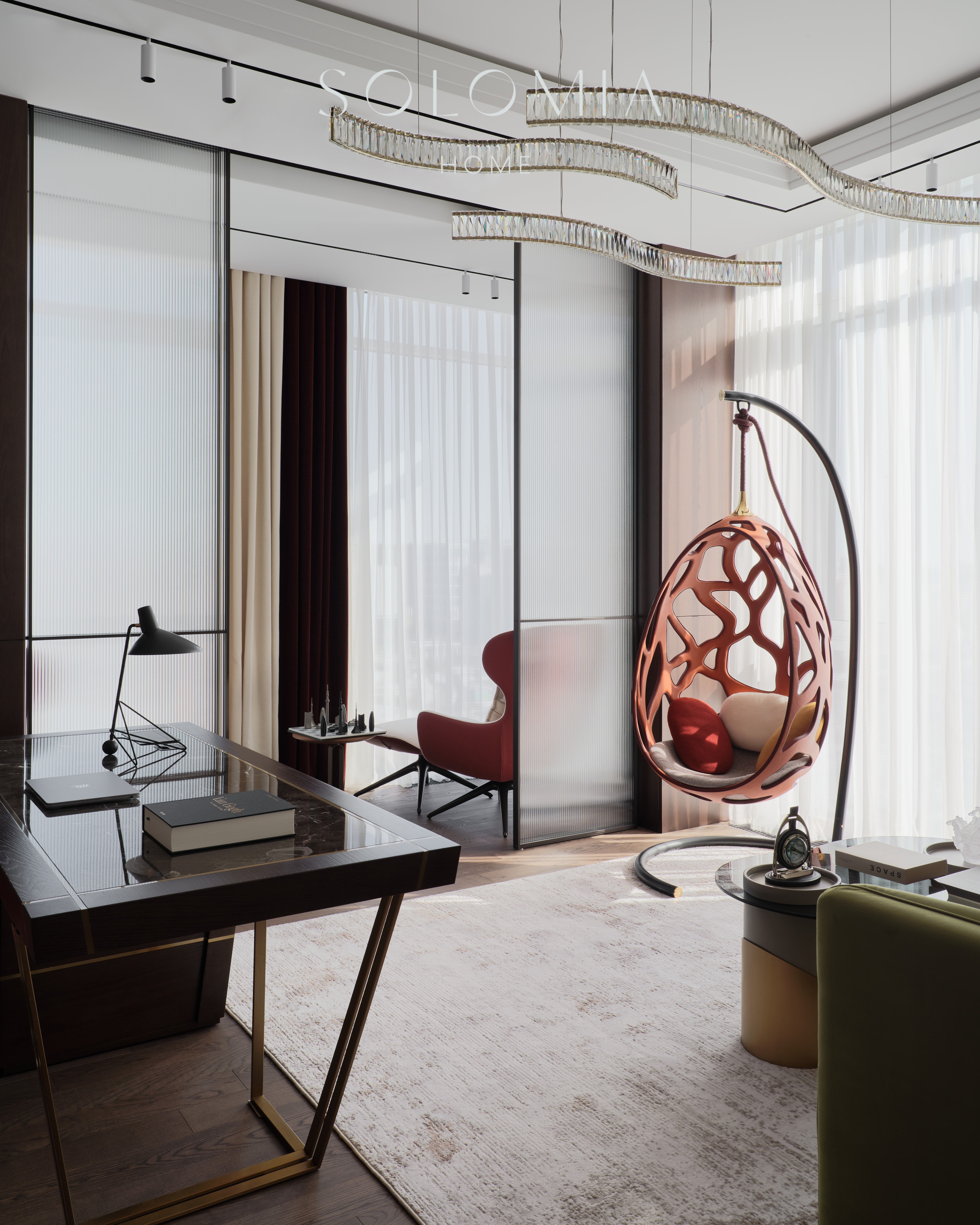 Study with hanging egg chair, Apartment in Botanical Residence — luxury interior design Astana