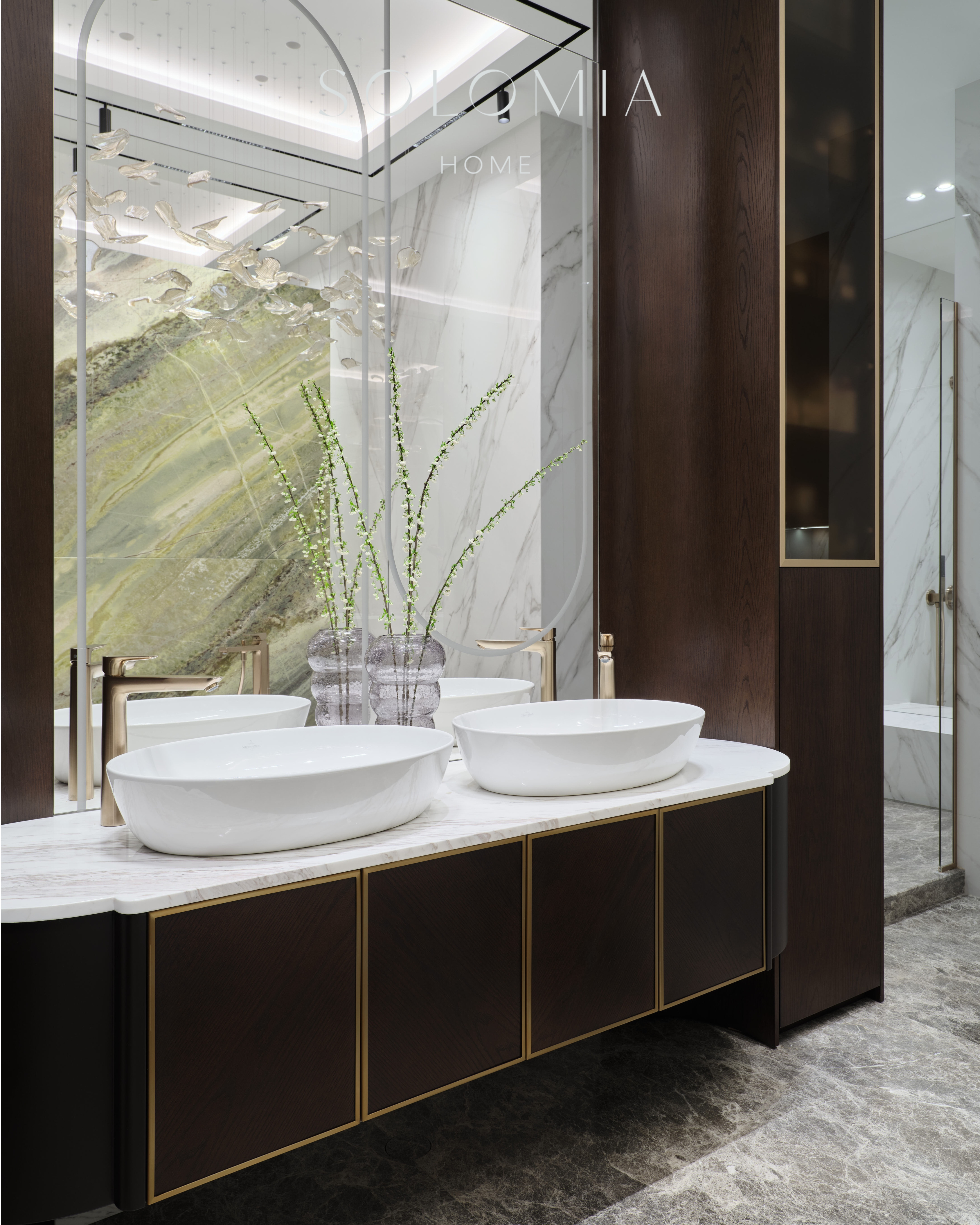 Double vanity with marble wall, Apartment in Botanical Residence — luxury interior design Astana
