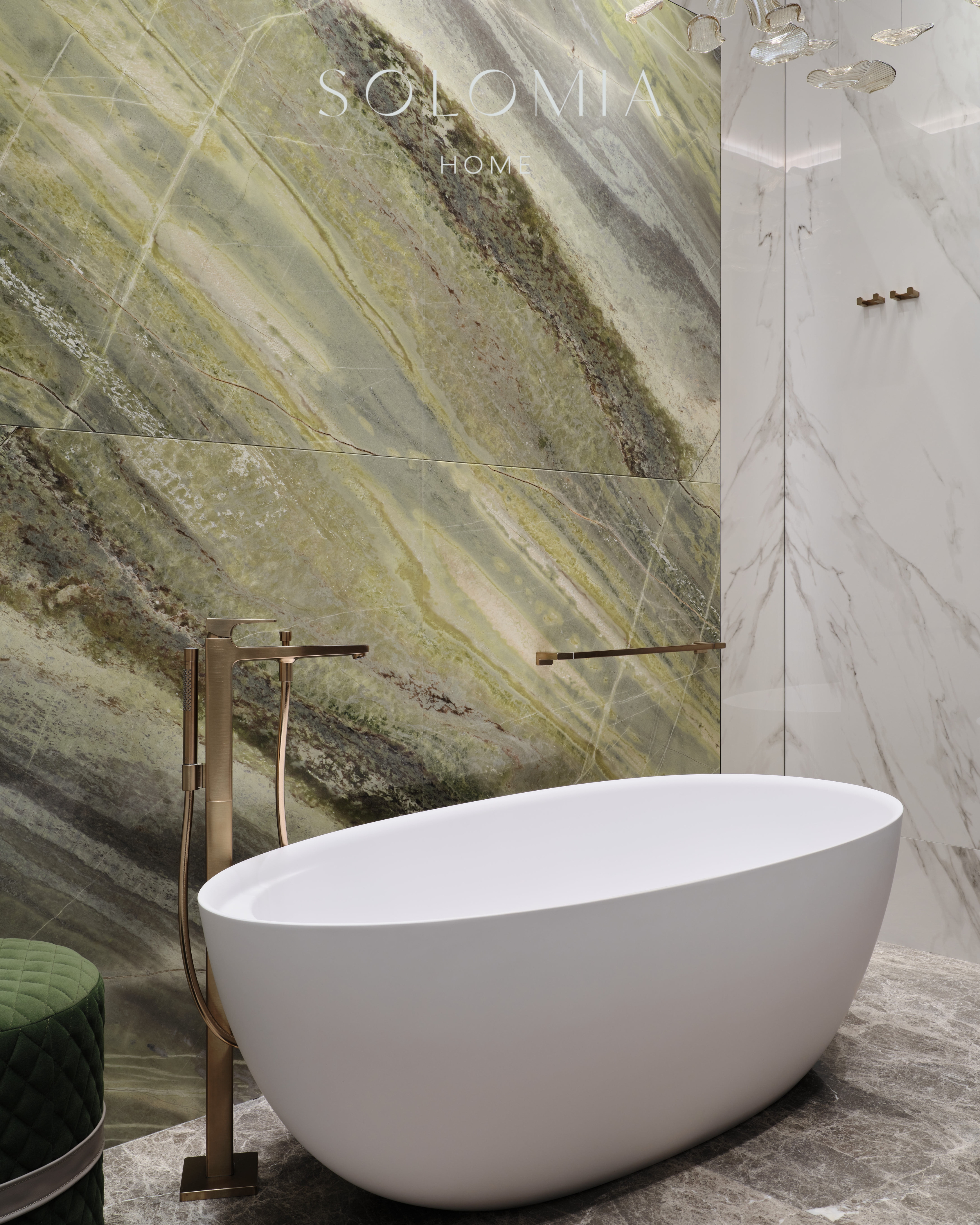 Freestanding bathtub with green marble wall, Apartment in Botanical Residence — luxury interior design Astana