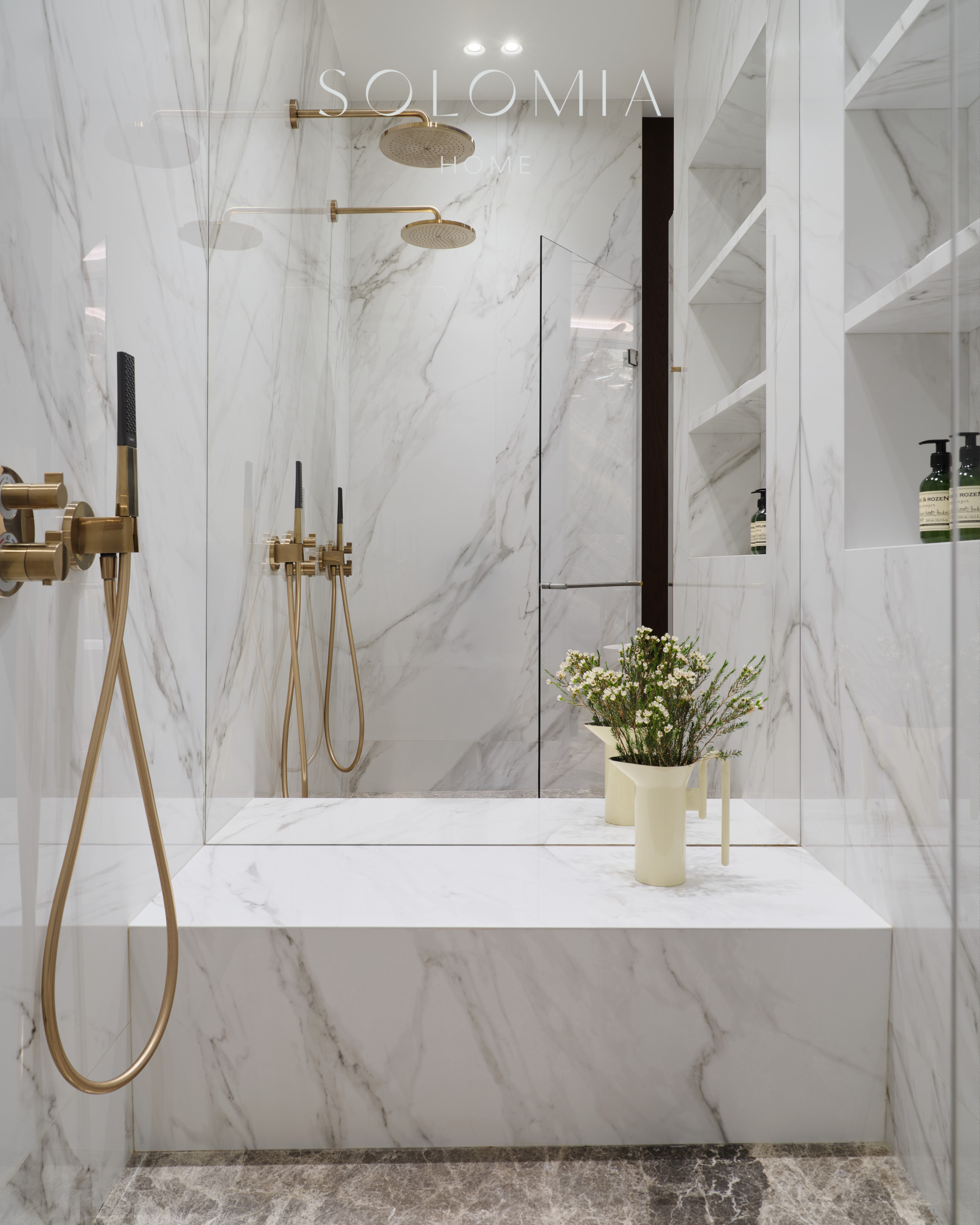 Marble shower with brass fittings, Apartment in Botanical Residence — luxury interior design Astana