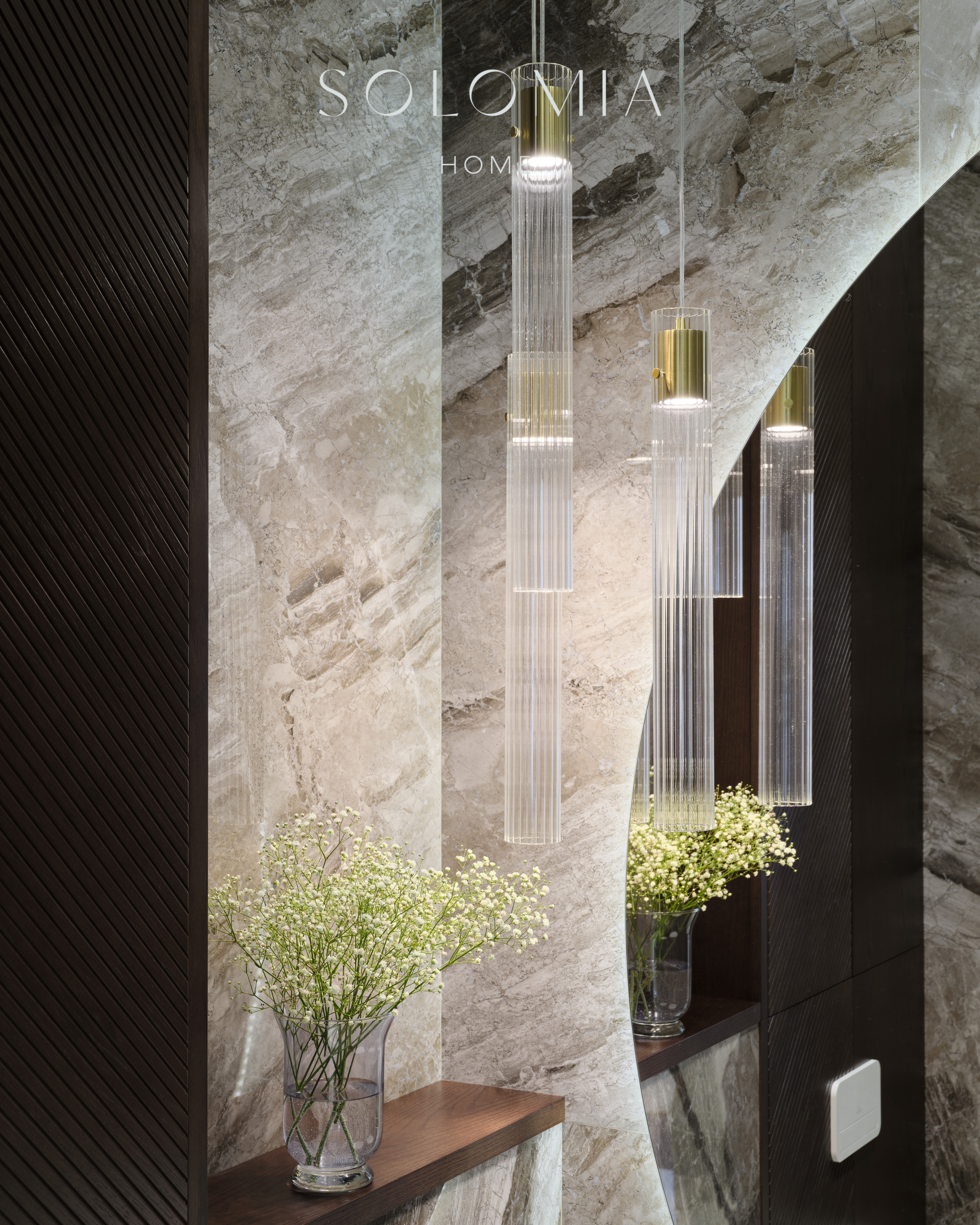 Marble washbasin with pendant lights, Apartment in Botanical Residence — luxury interior design Astana