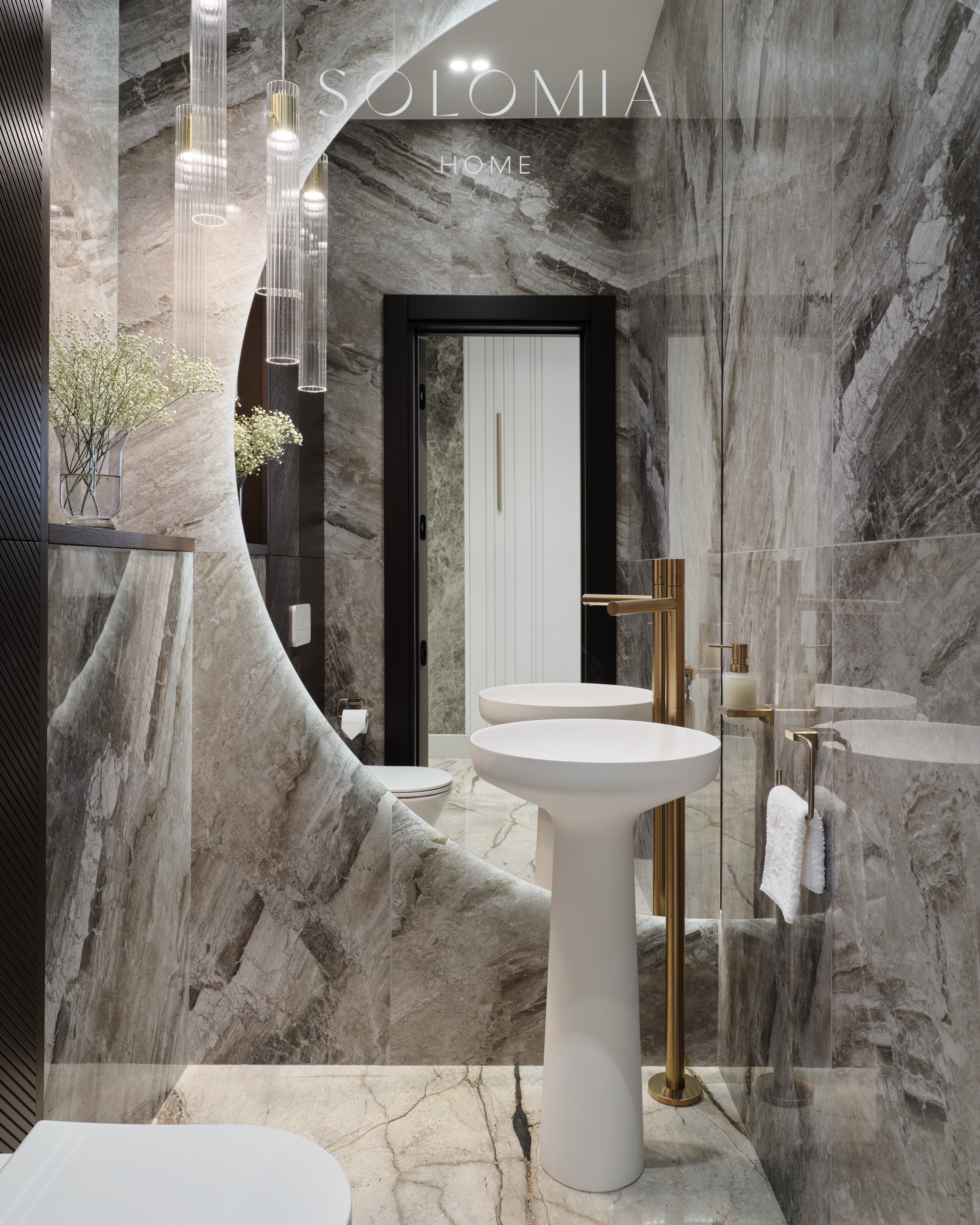 Marble powder room with round mirror, Apartment in Botanical Residence — luxury interior design Astana
