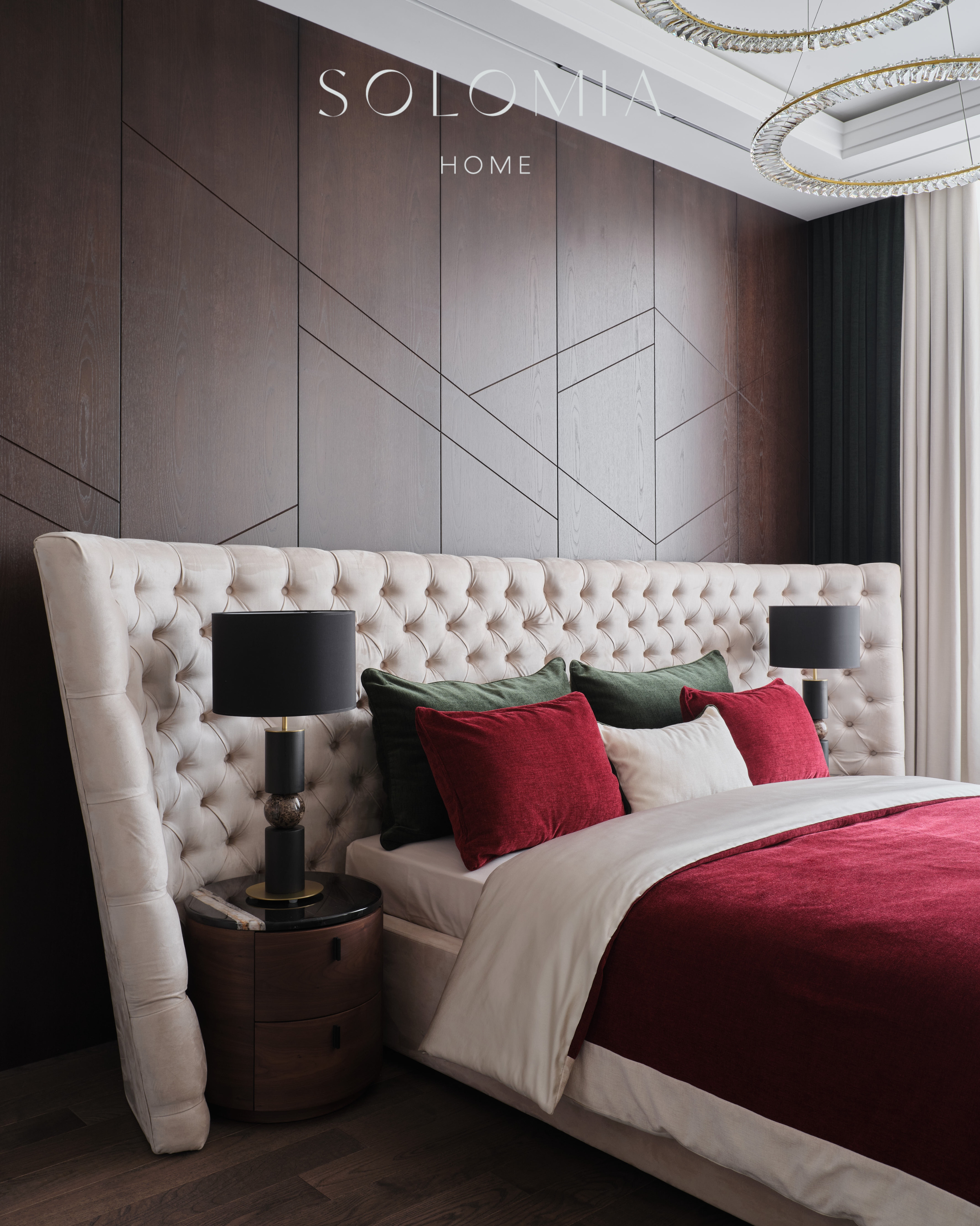 Tufted headboard bed with red cushions, Apartment in Botanical Residence — luxury interior design Astana
