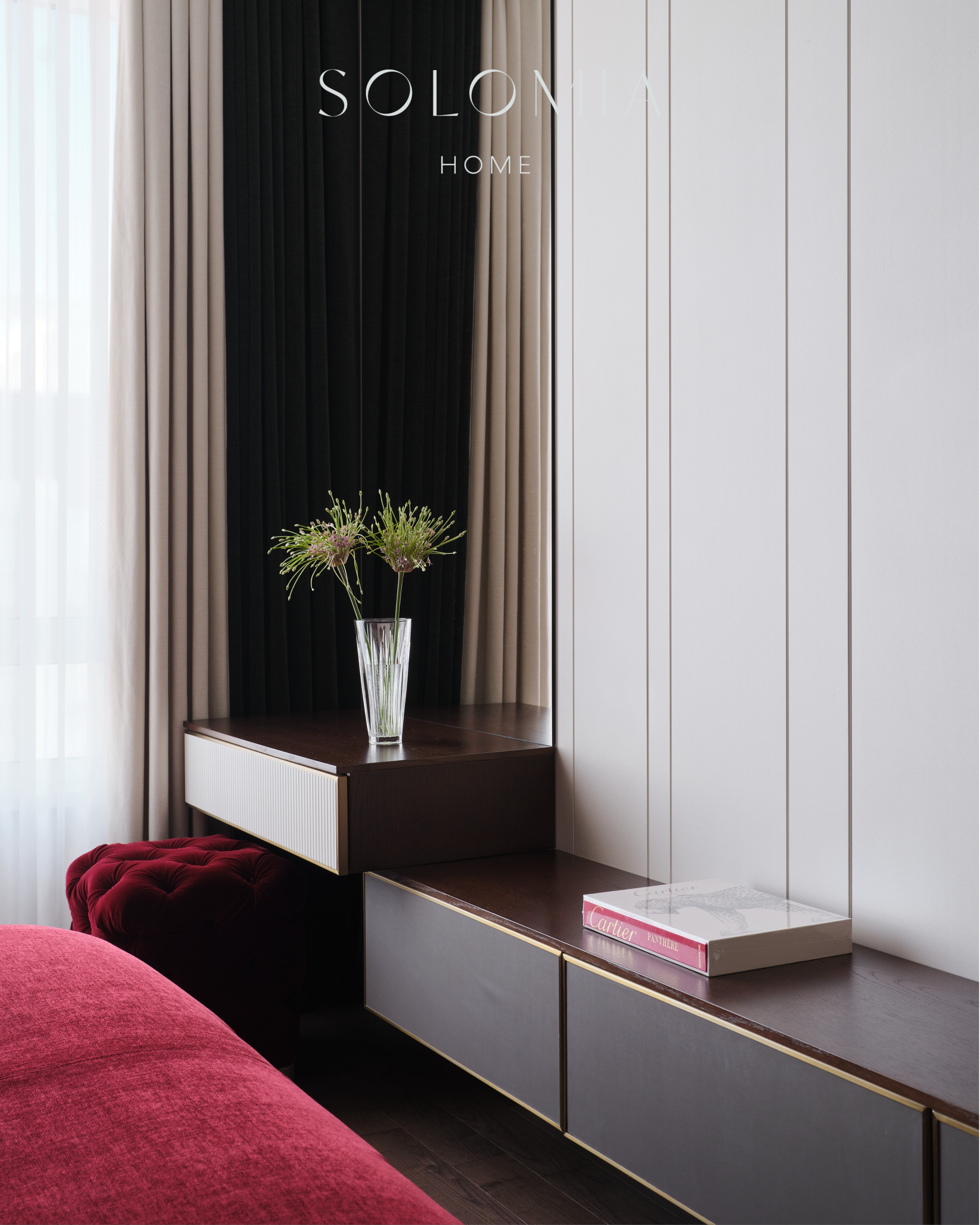 Console with flowers and red sofa, Apartment in Botanical Residence — luxury interior design Astana
