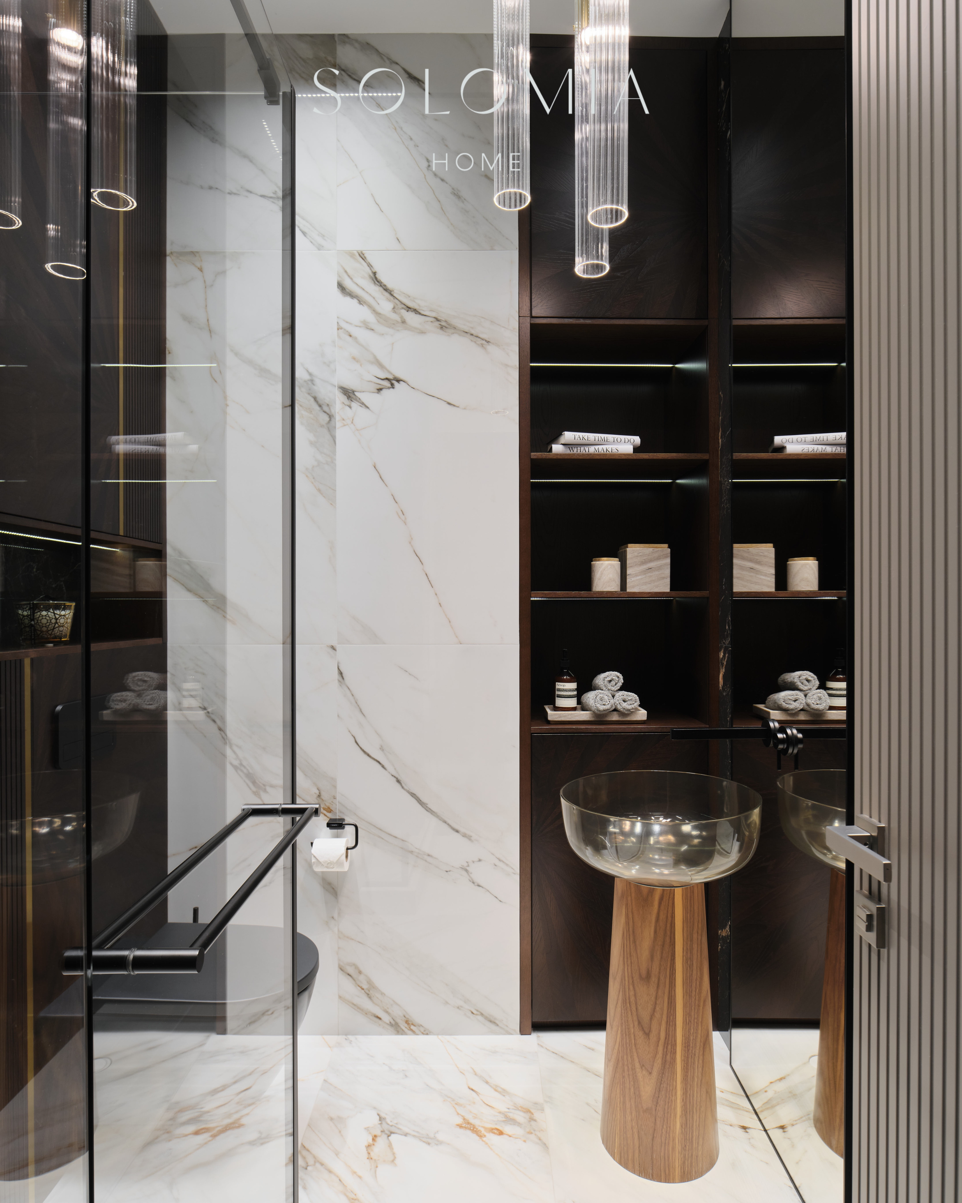 Glass-walled bathroom with marble, Apartment in Botanical Residence — luxury interior design Astana