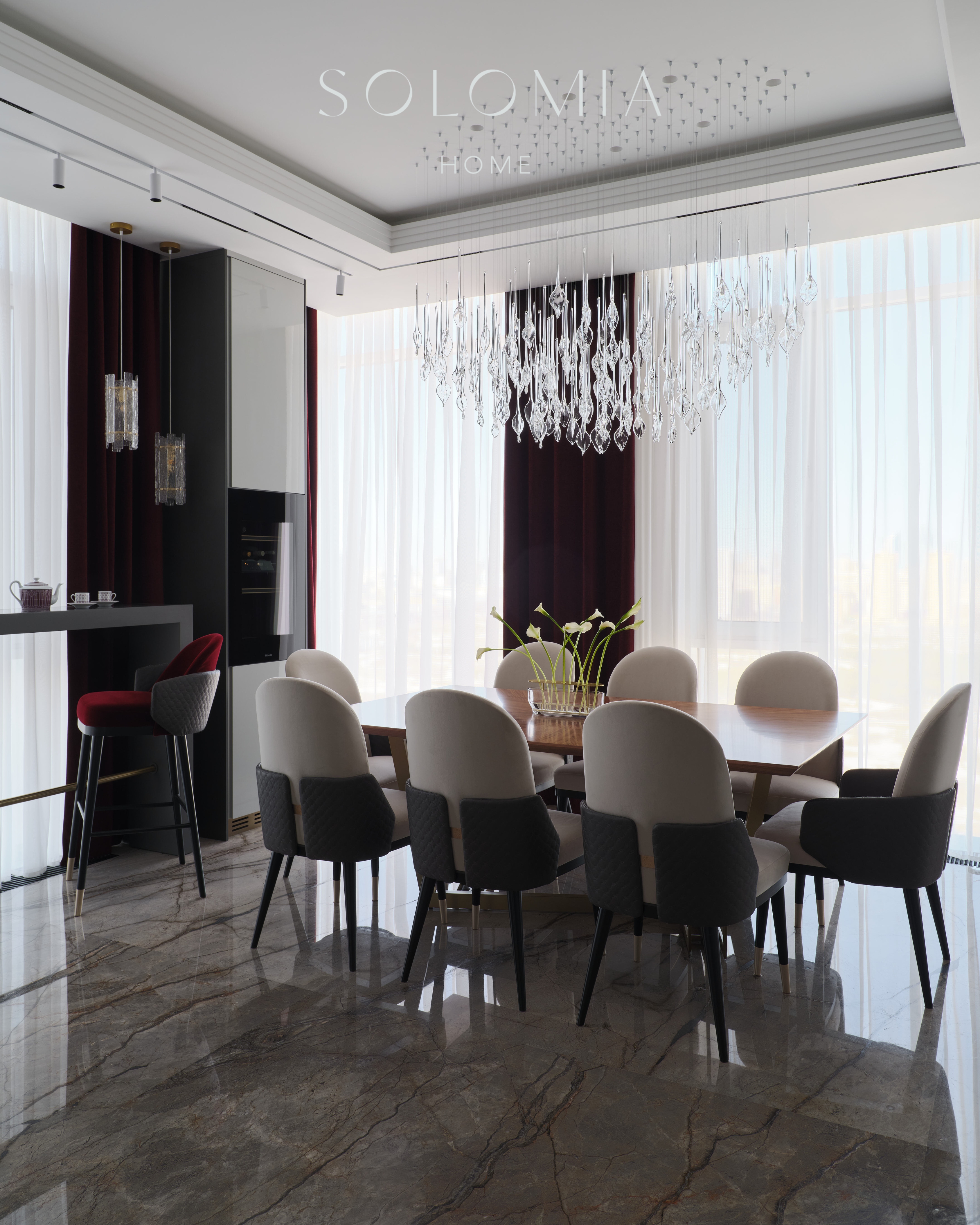 Dining table under a crystal chandelier, Apartment in Botanical Residence — luxury interior design Astana