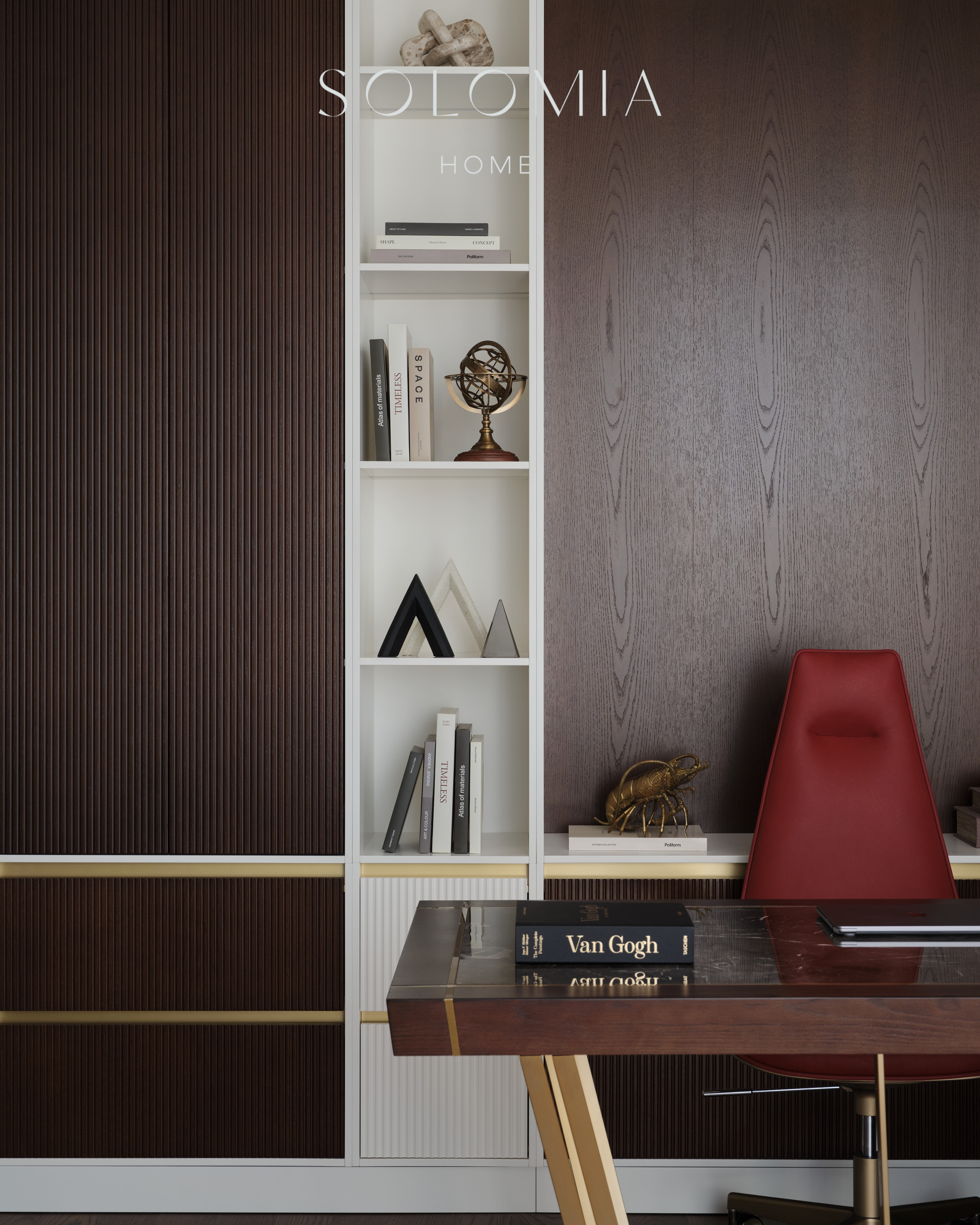 Desk with red chair and bookshelf, Apartment in Botanical Residence — luxury interior design Astana