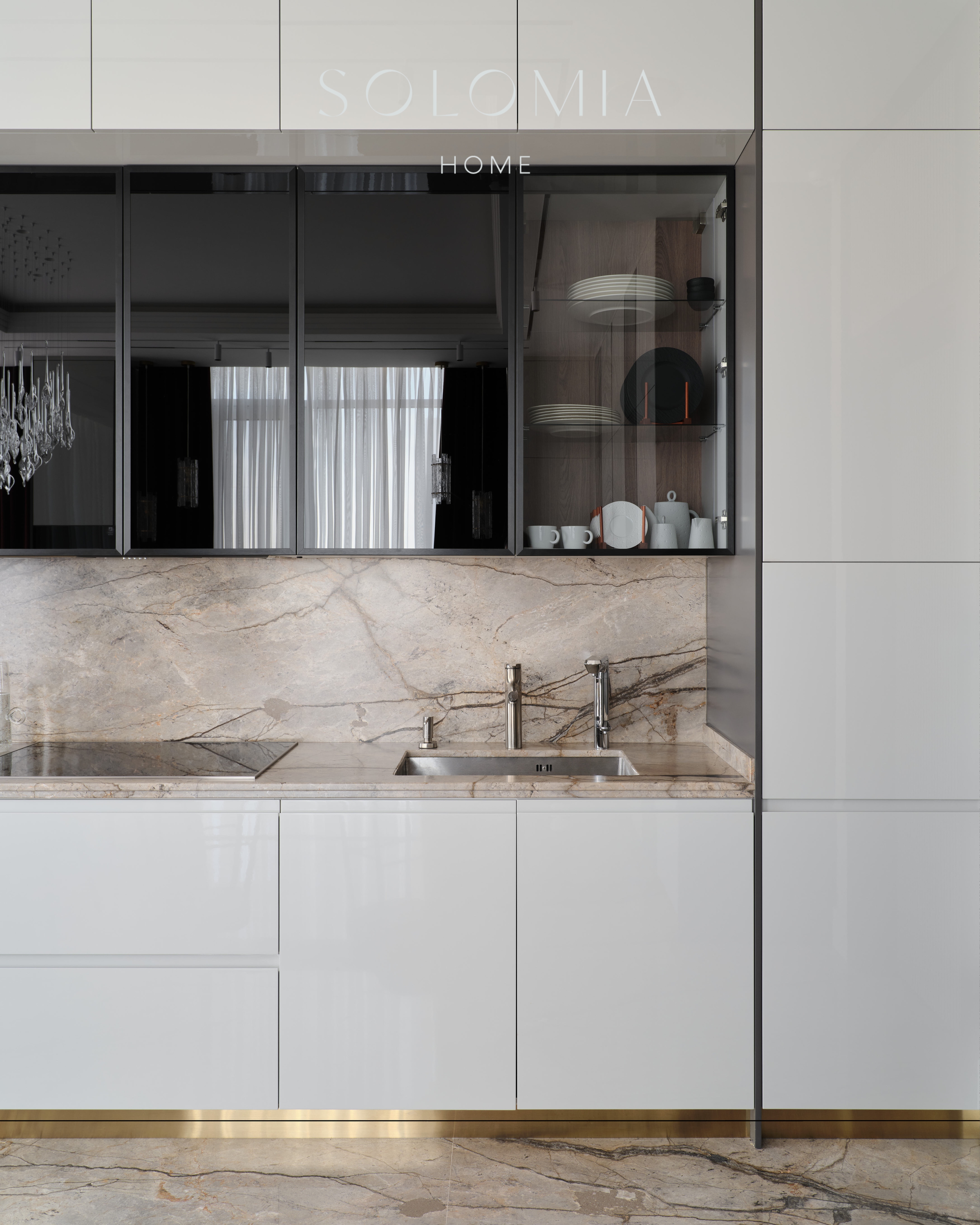 White kitchen with marble backsplash, Apartment in Botanical Residence — luxury interior design Astana