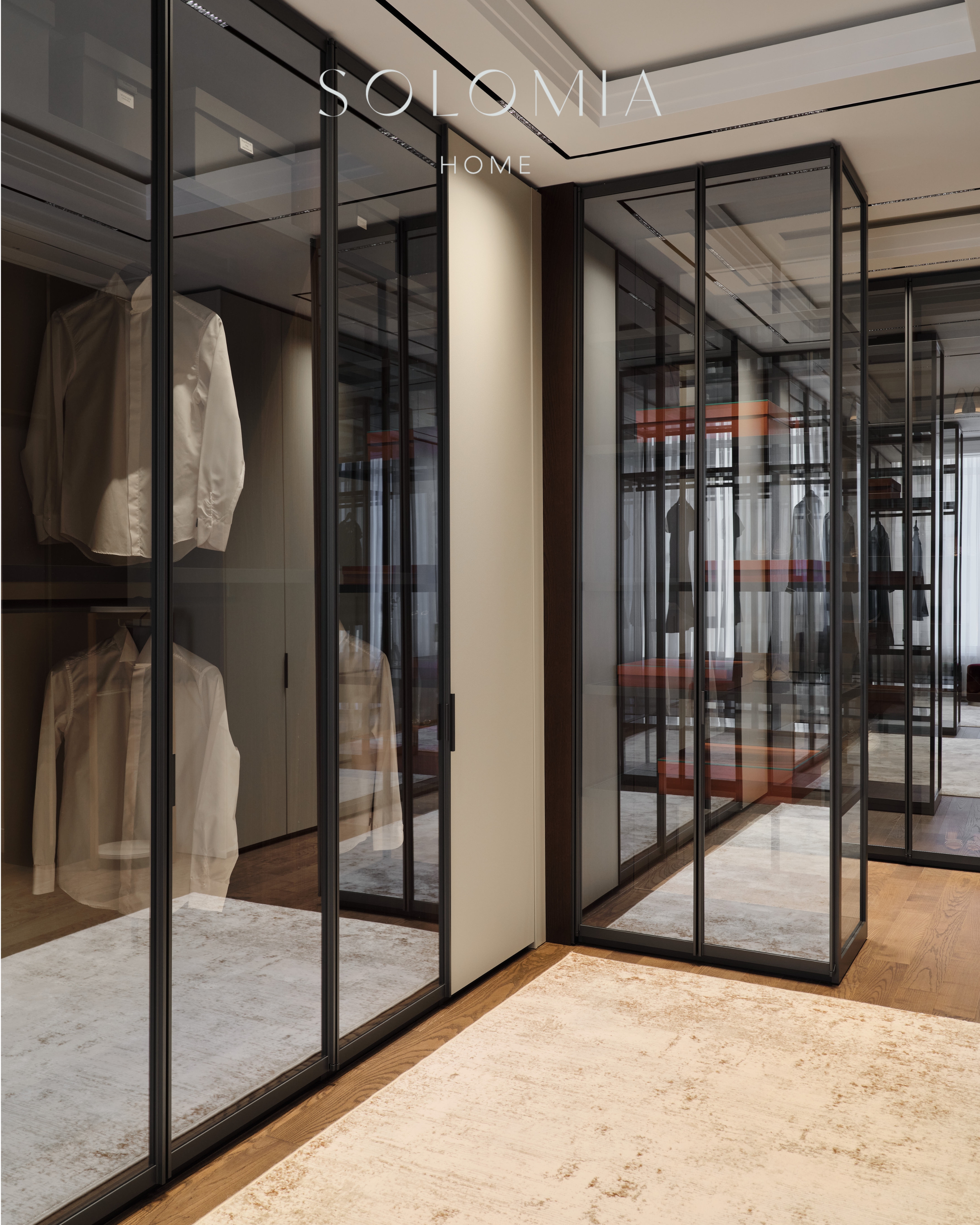 Glass-fronted walk-in wardrobe, Apartment in Botanical Residence — luxury interior design Astana