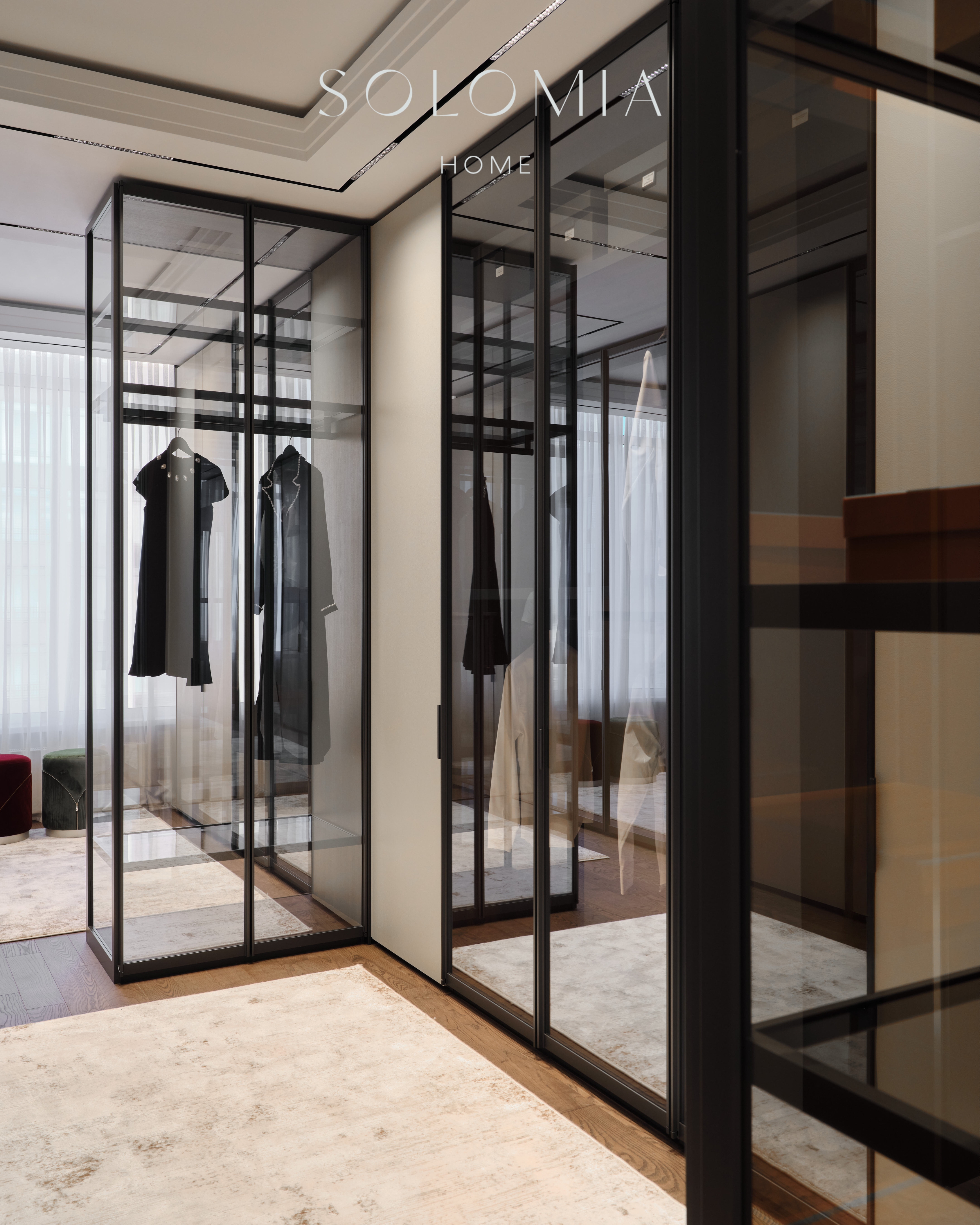 Walk-in wardrobe with glass doors, Apartment in Botanical Residence — luxury interior design Astana