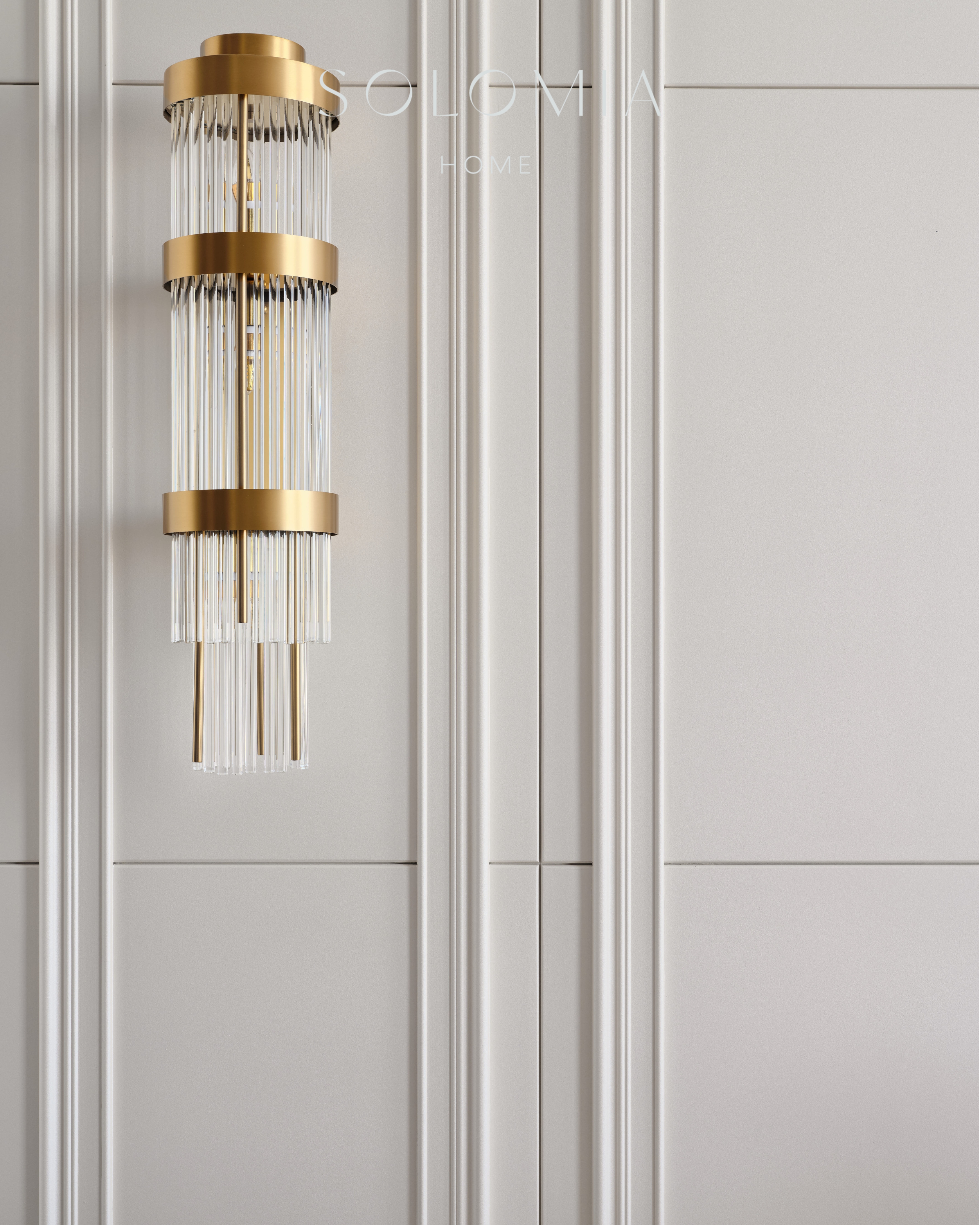 Brass wall sconce on panelled wall, Apartment in Botanical Residence — luxury interior design Astana