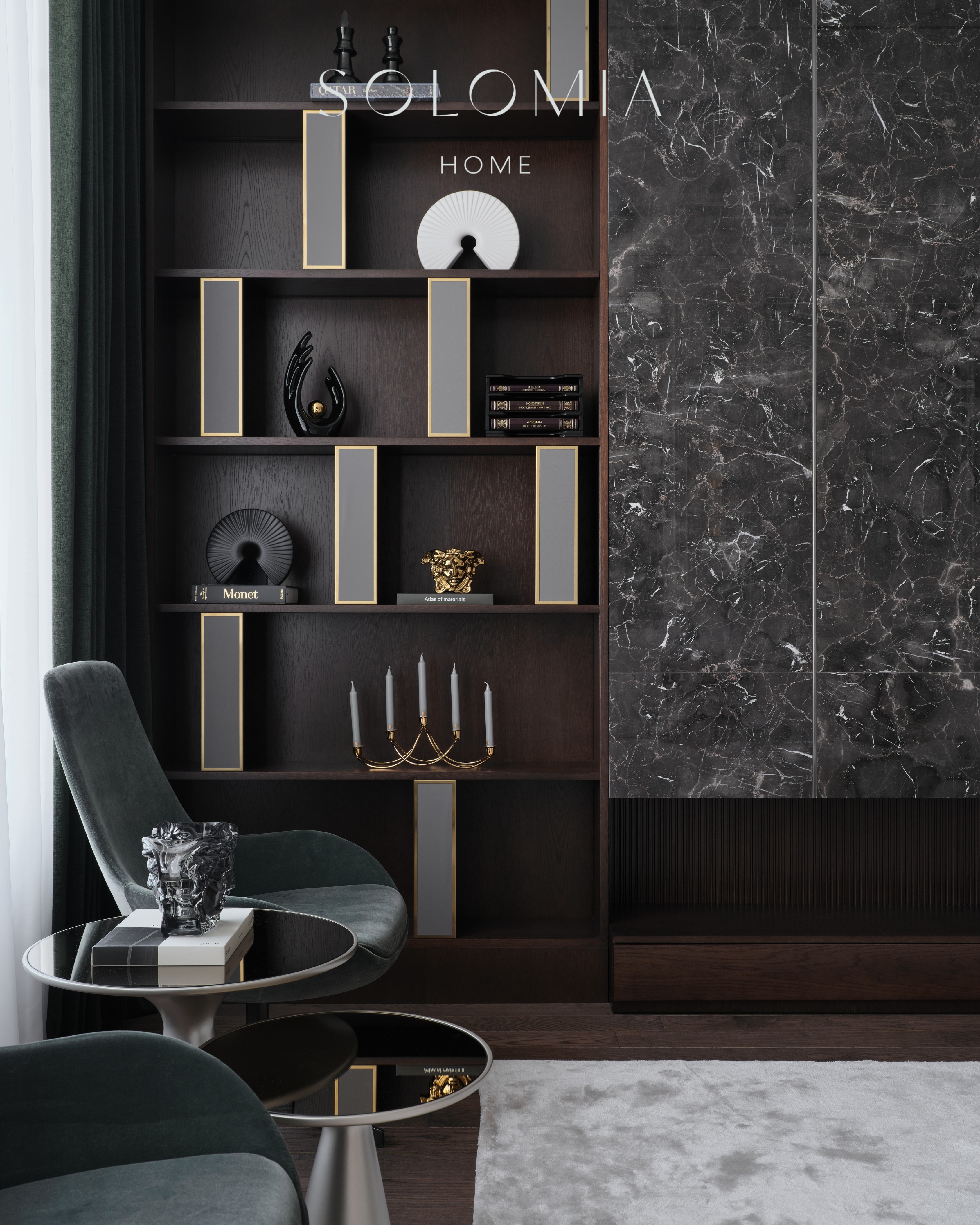 Shelving unit with marble panel and armchair, Apartment in Botanical Residence — luxury interior design Astana