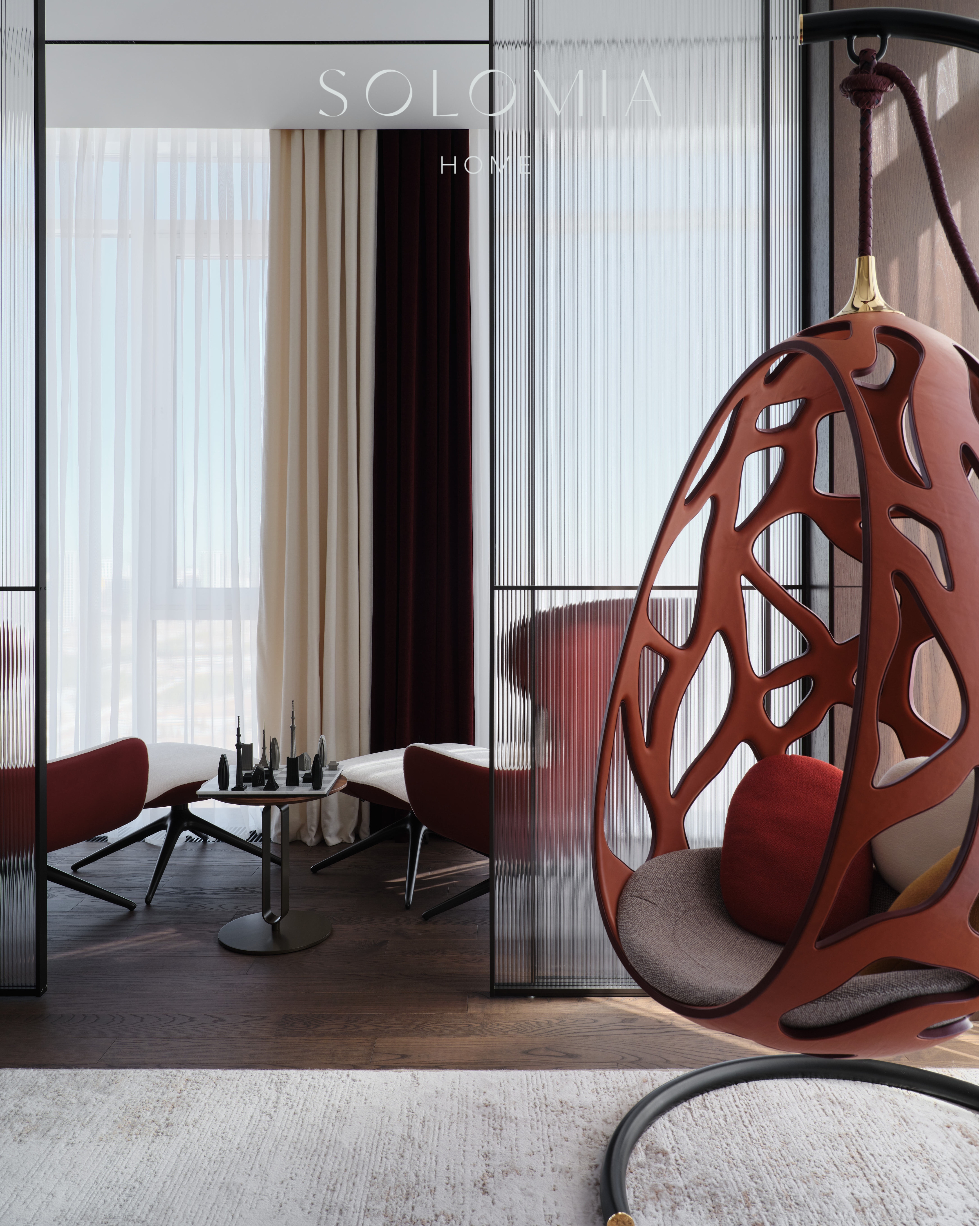 Hanging chair by the window, Apartment in Botanical Residence — luxury interior design Astana