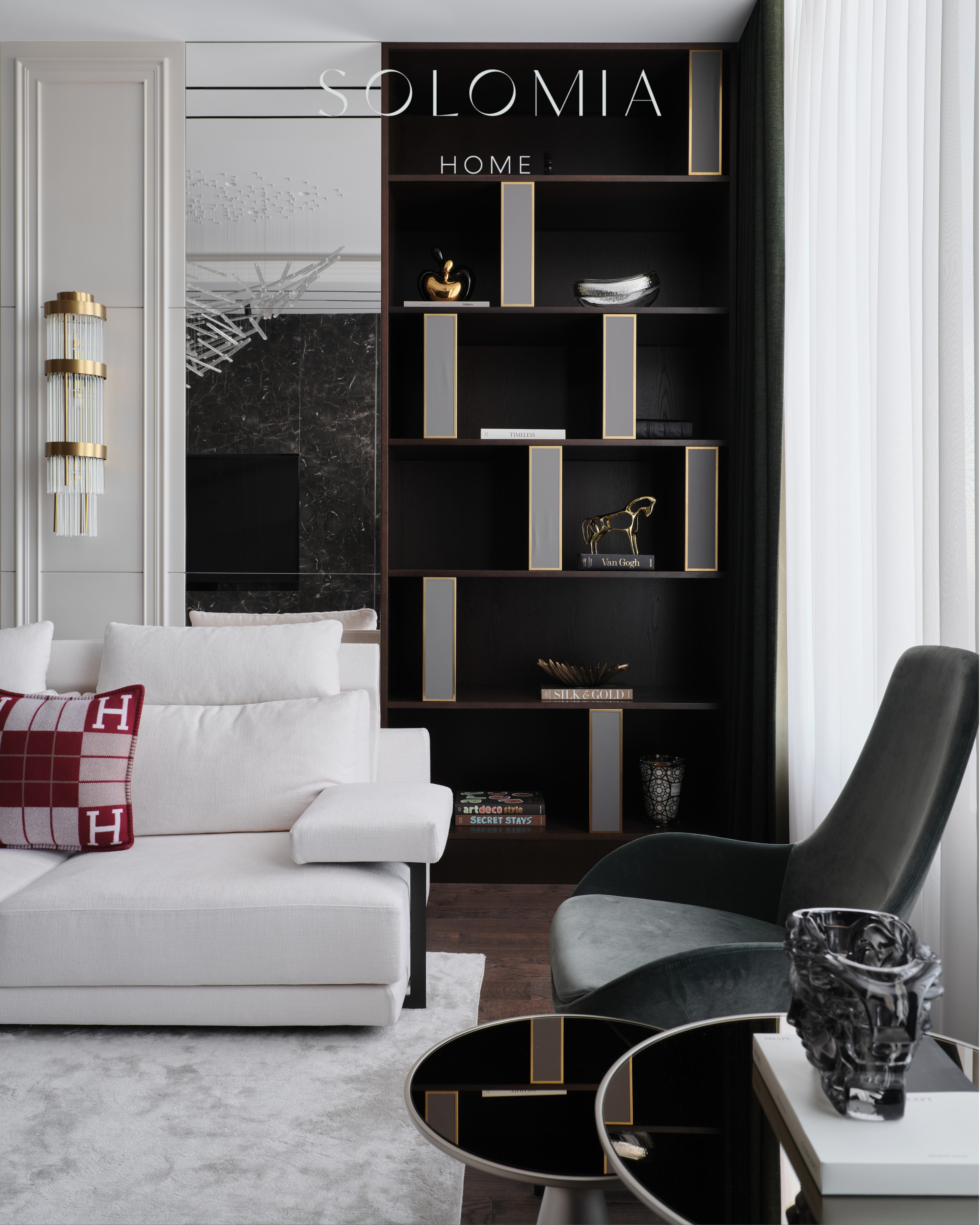 White sofa with red cushions and shelving, Apartment in Botanical Residence — luxury interior design Astana