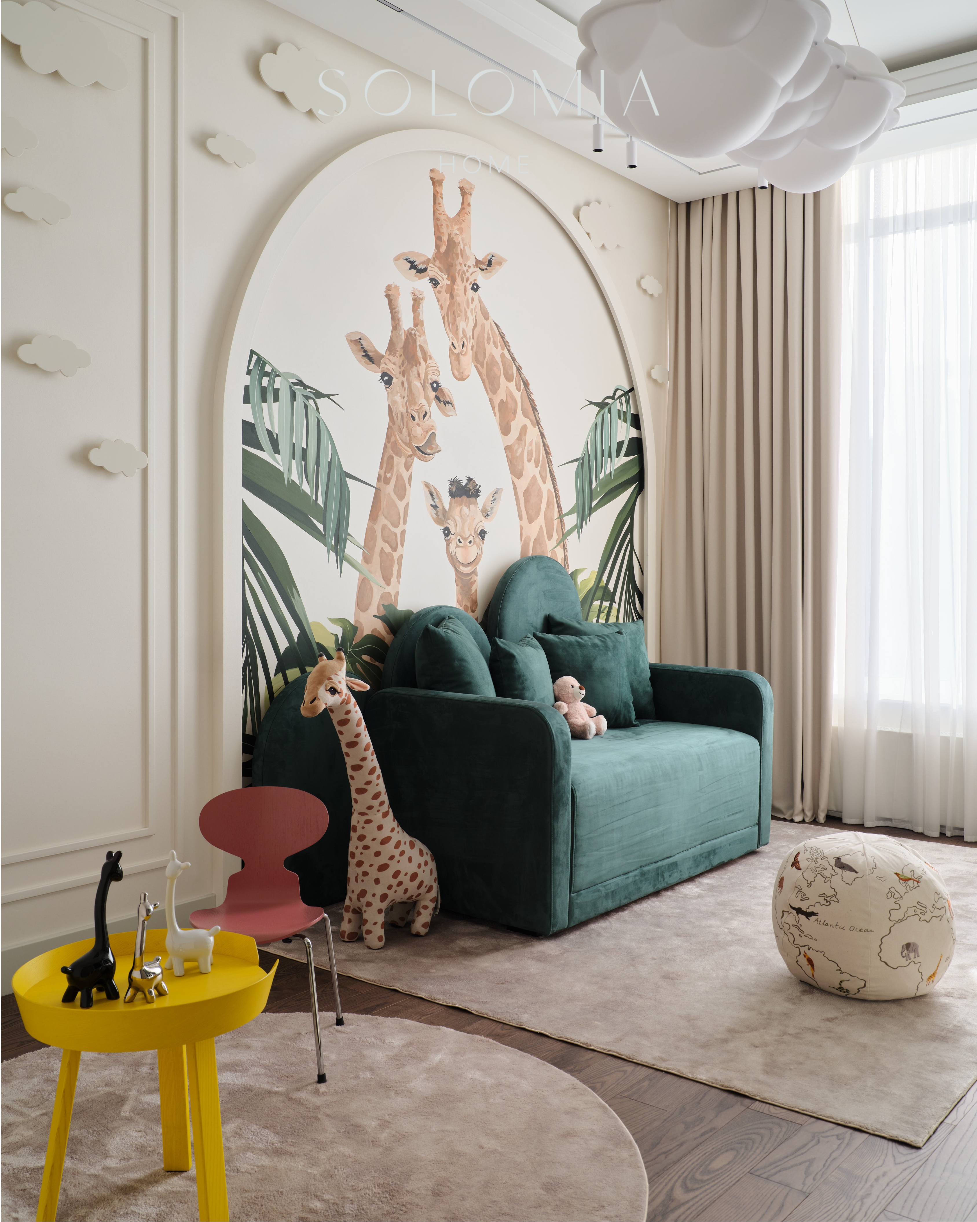 Kids room with giraffe mural and green sofa, Apartment in Botanical Residence — luxury interior design Astana