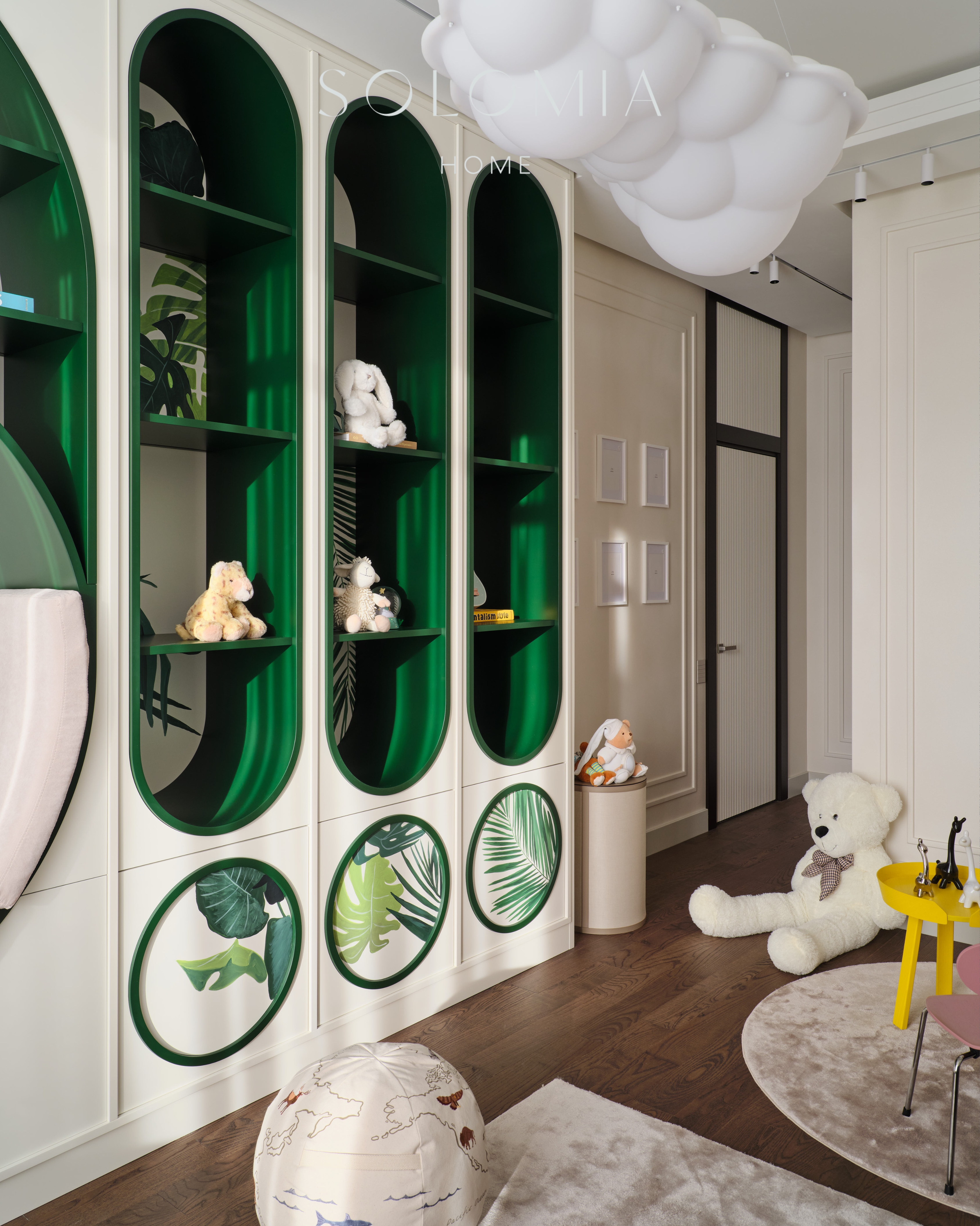Kids room with green arched shelves, Apartment in Botanical Residence — luxury interior design Astana