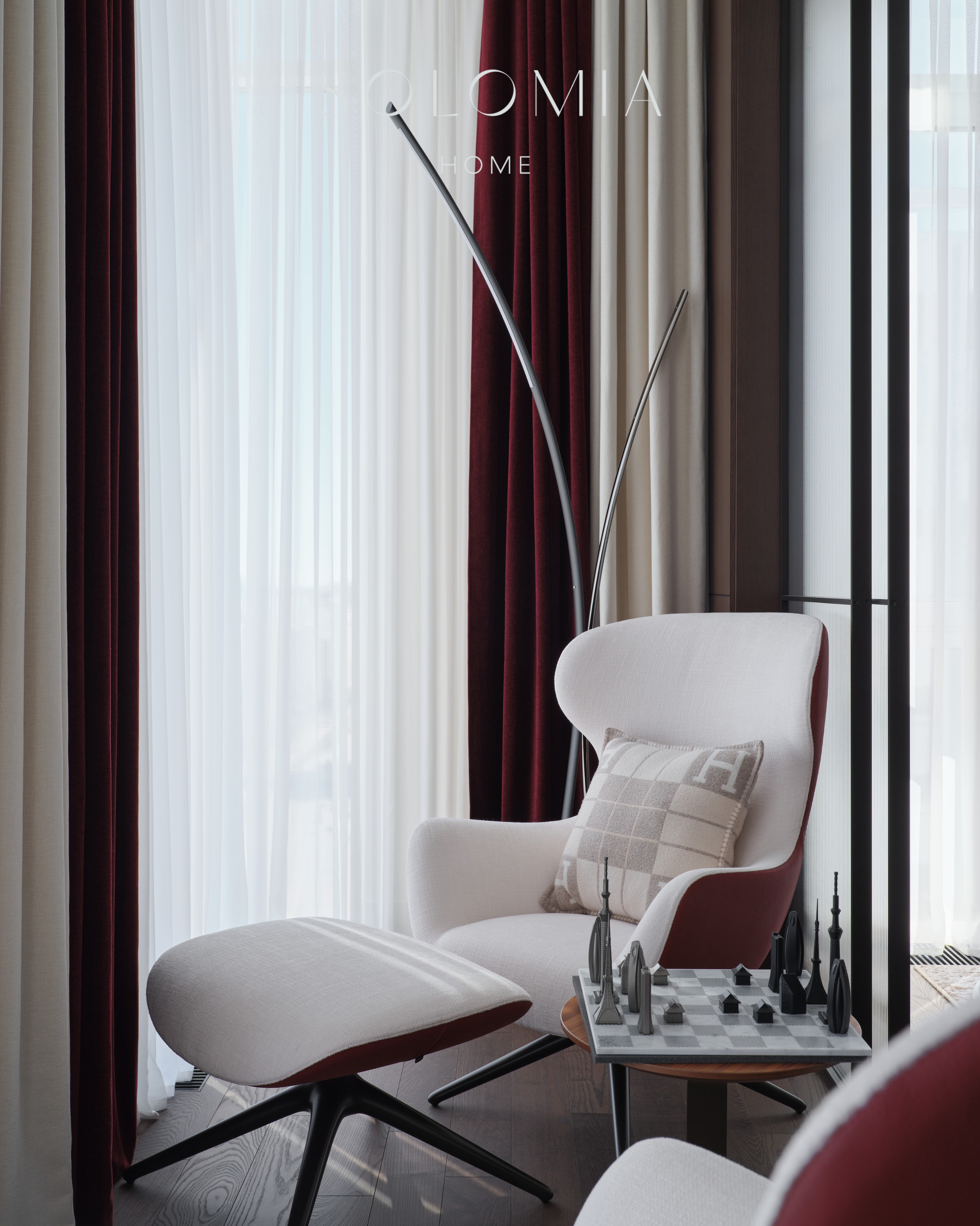 Wing chair with chess table by the window, Apartment in Botanical Residence — luxury interior design Astana