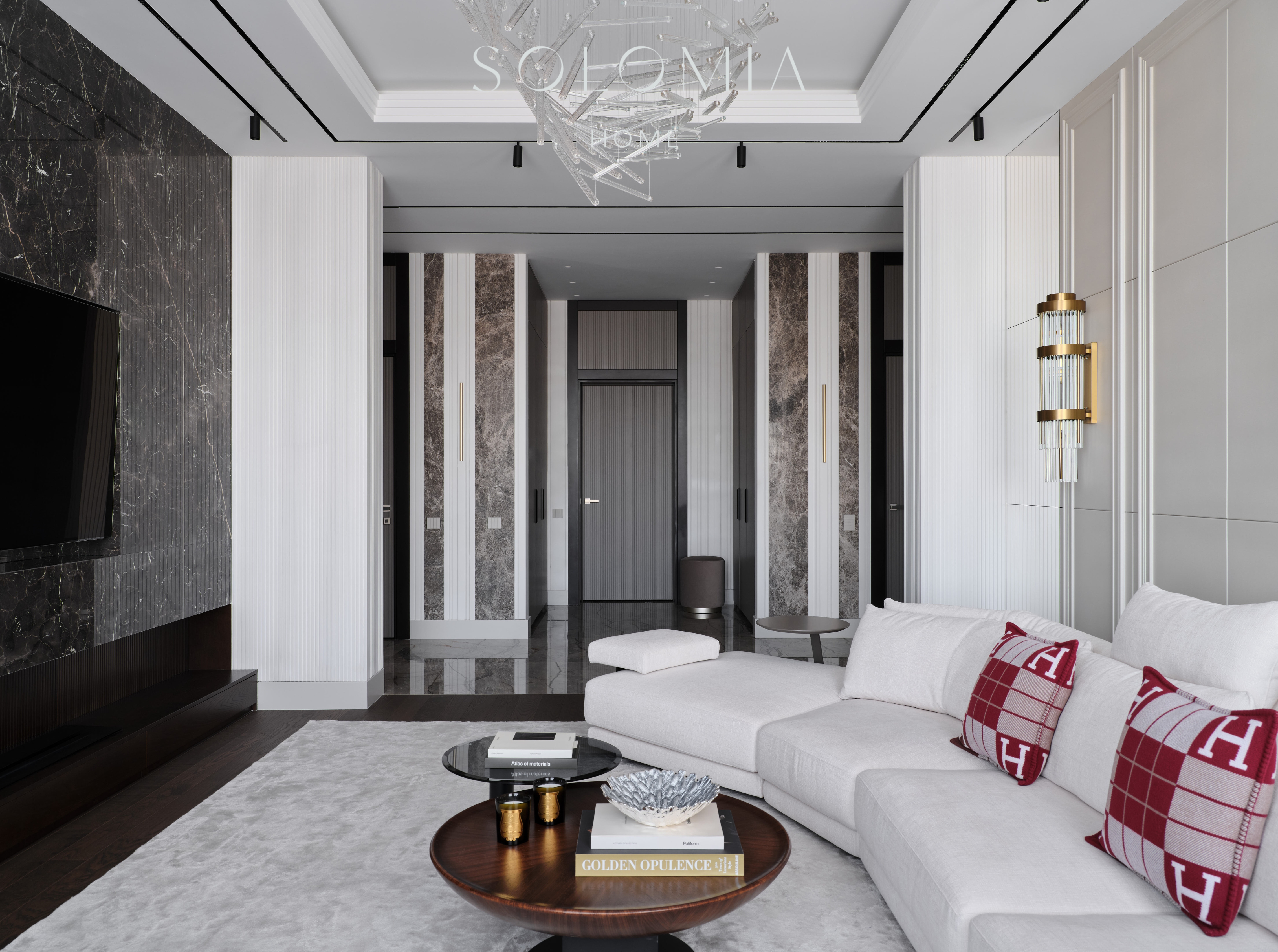Living room with TV wall and white sofa, Apartment in Botanical Residence — luxury interior design Astana