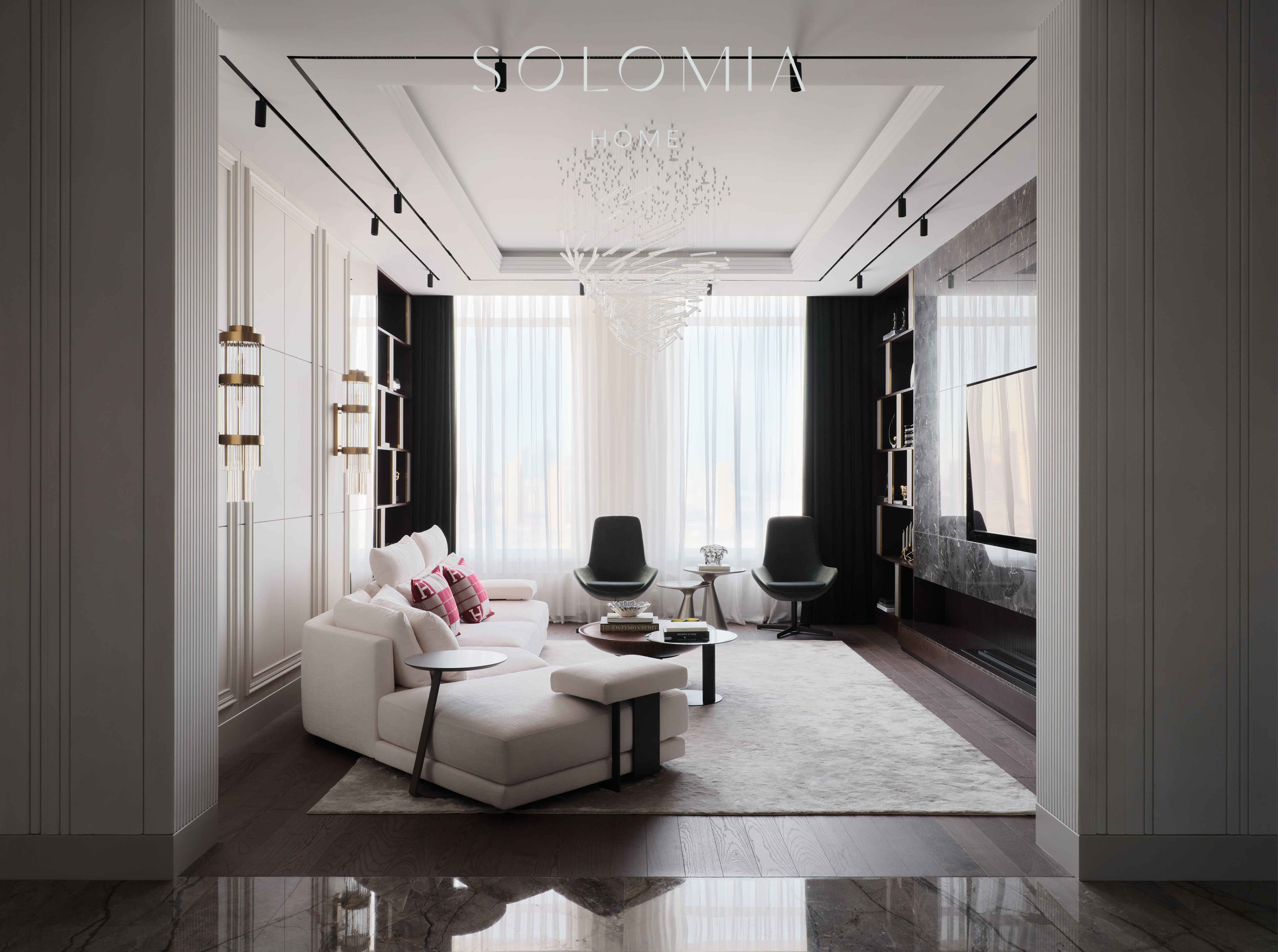 Living room with white sofa and armchairs, Apartment in Botanical Residence — luxury interior design Astana