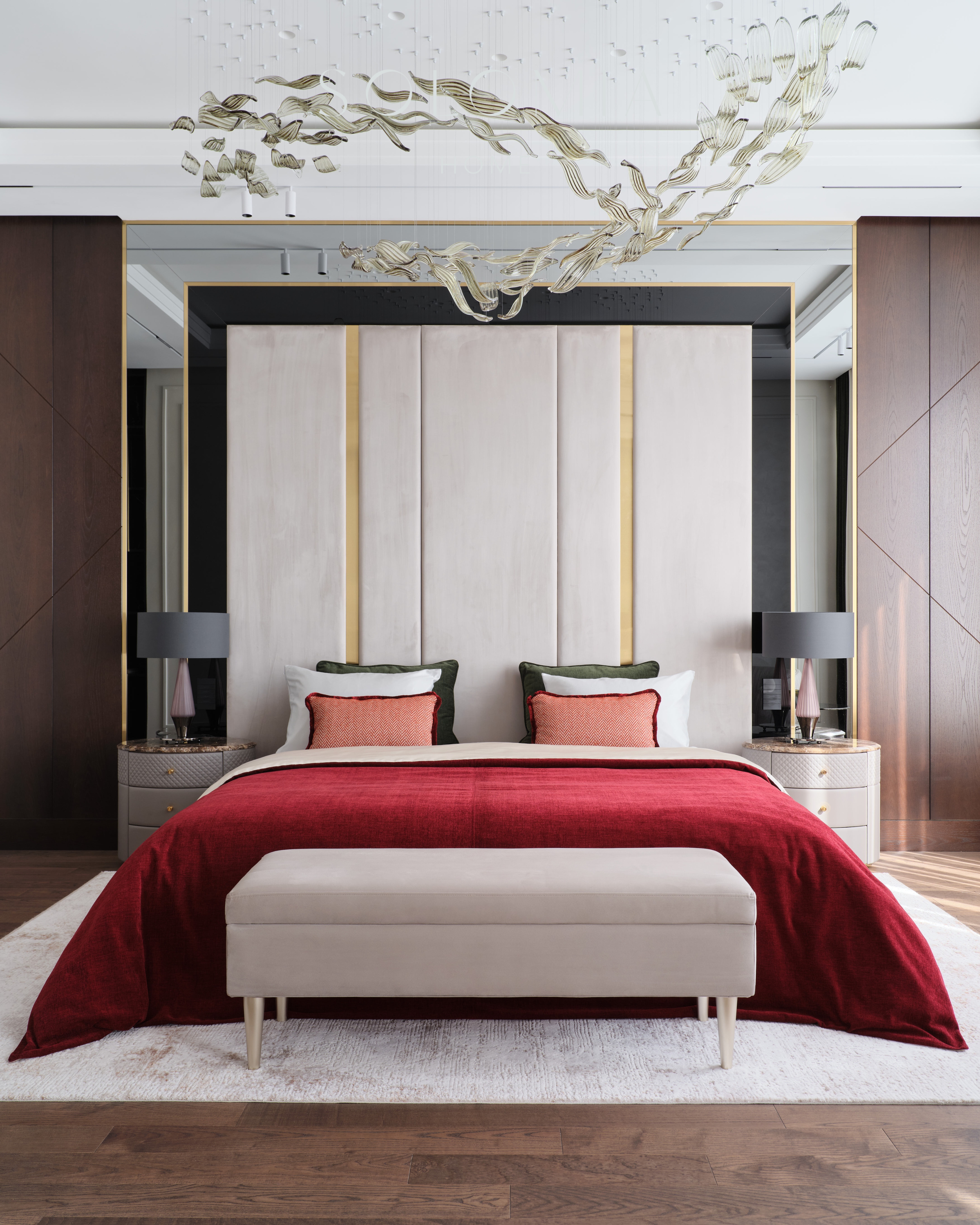 Master bedroom with red bedspread, Apartment in Botanical Residence — luxury interior design Astana