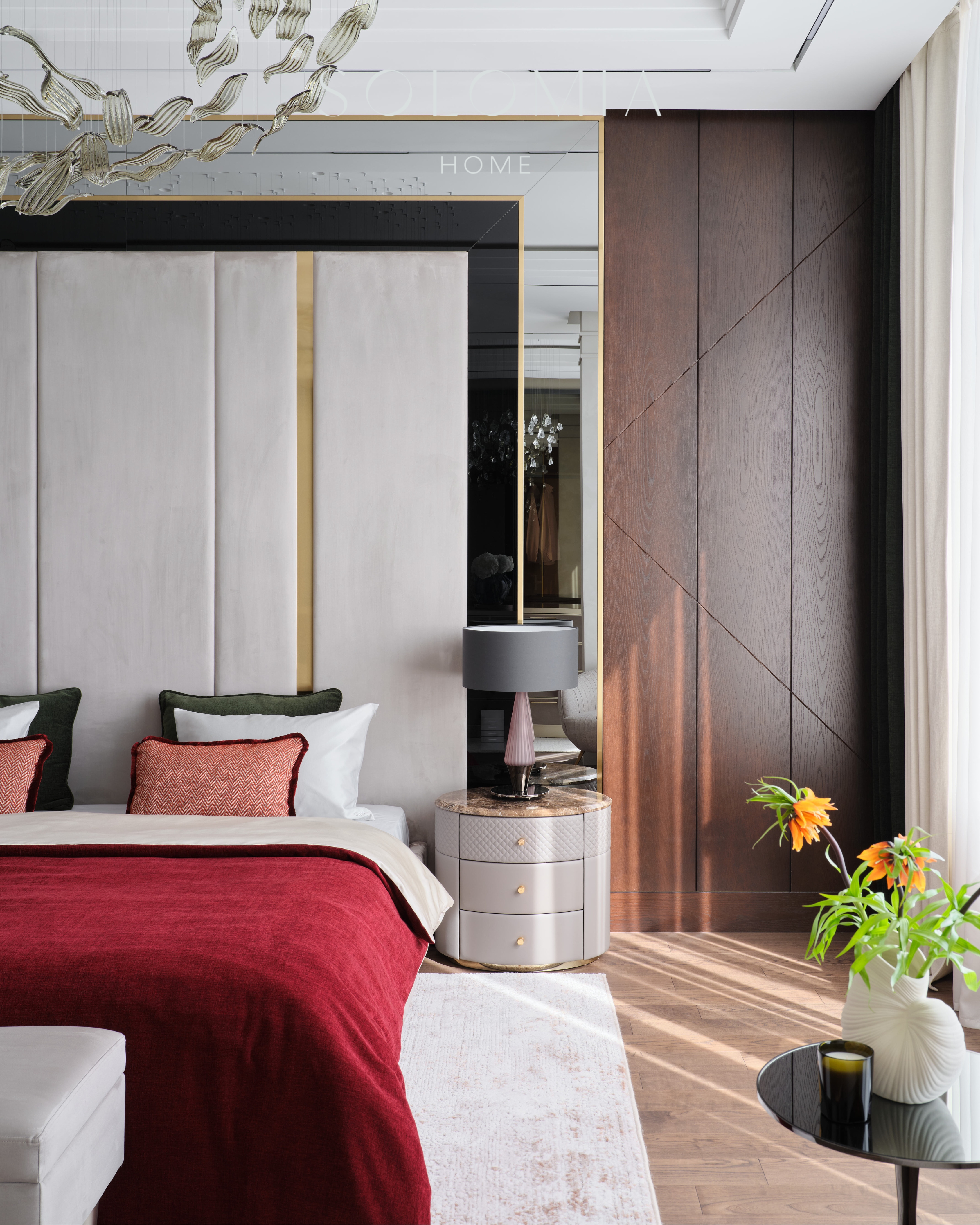 Bedroom with upholstered headboard, Apartment in Botanical Residence — luxury interior design Astana