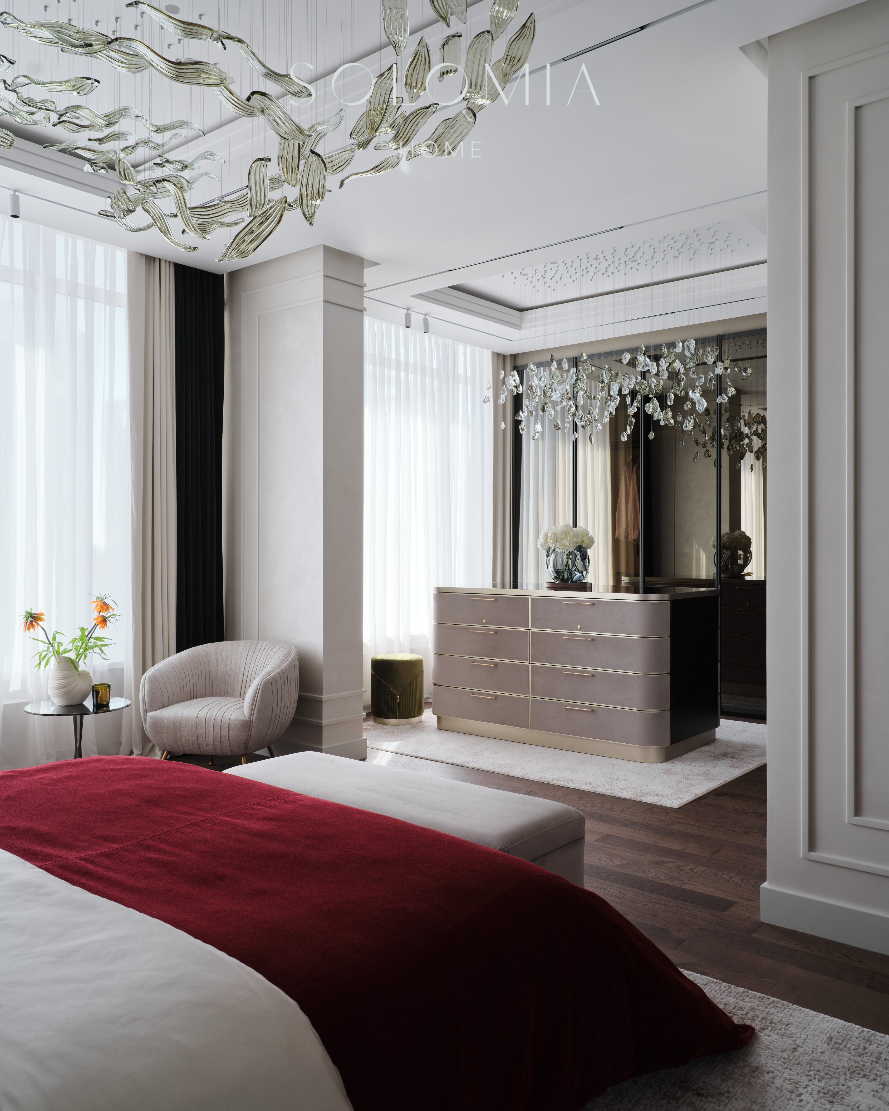 Bedroom with chest of drawers and glass chandelier, Apartment in Botanical Residence — luxury interior design Astana
