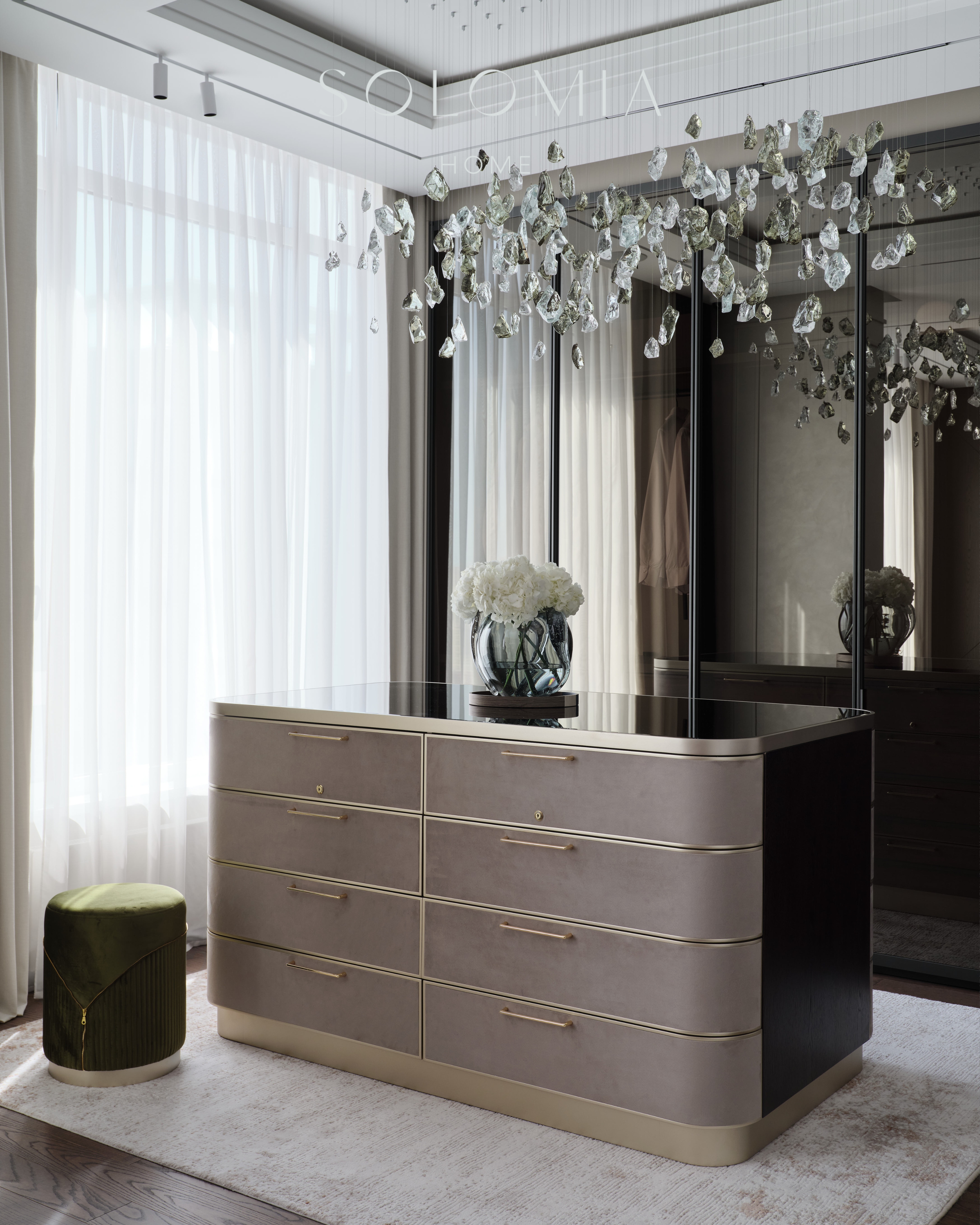 Chest of drawers under a glass-leaf chandelier, Apartment in Botanical Residence — luxury interior design Astana