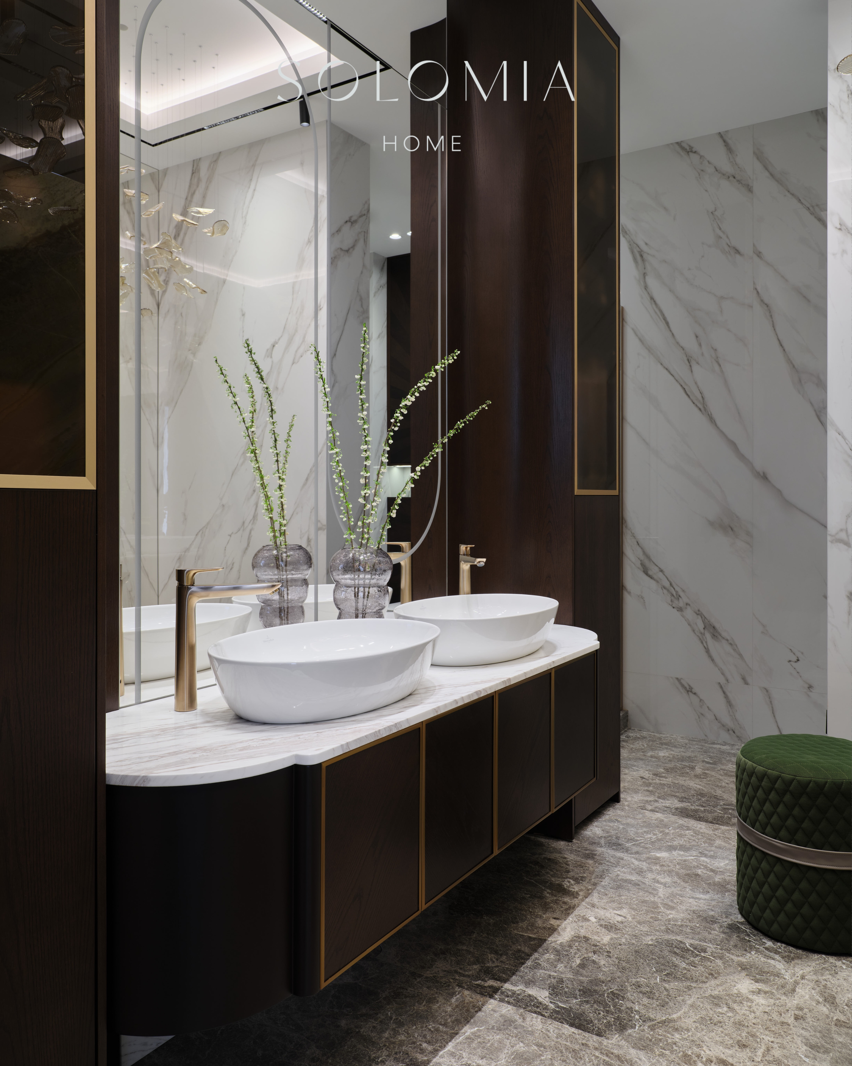 Double washbasin with marble wall, Apartment in Botanical Residence — luxury interior design Astana