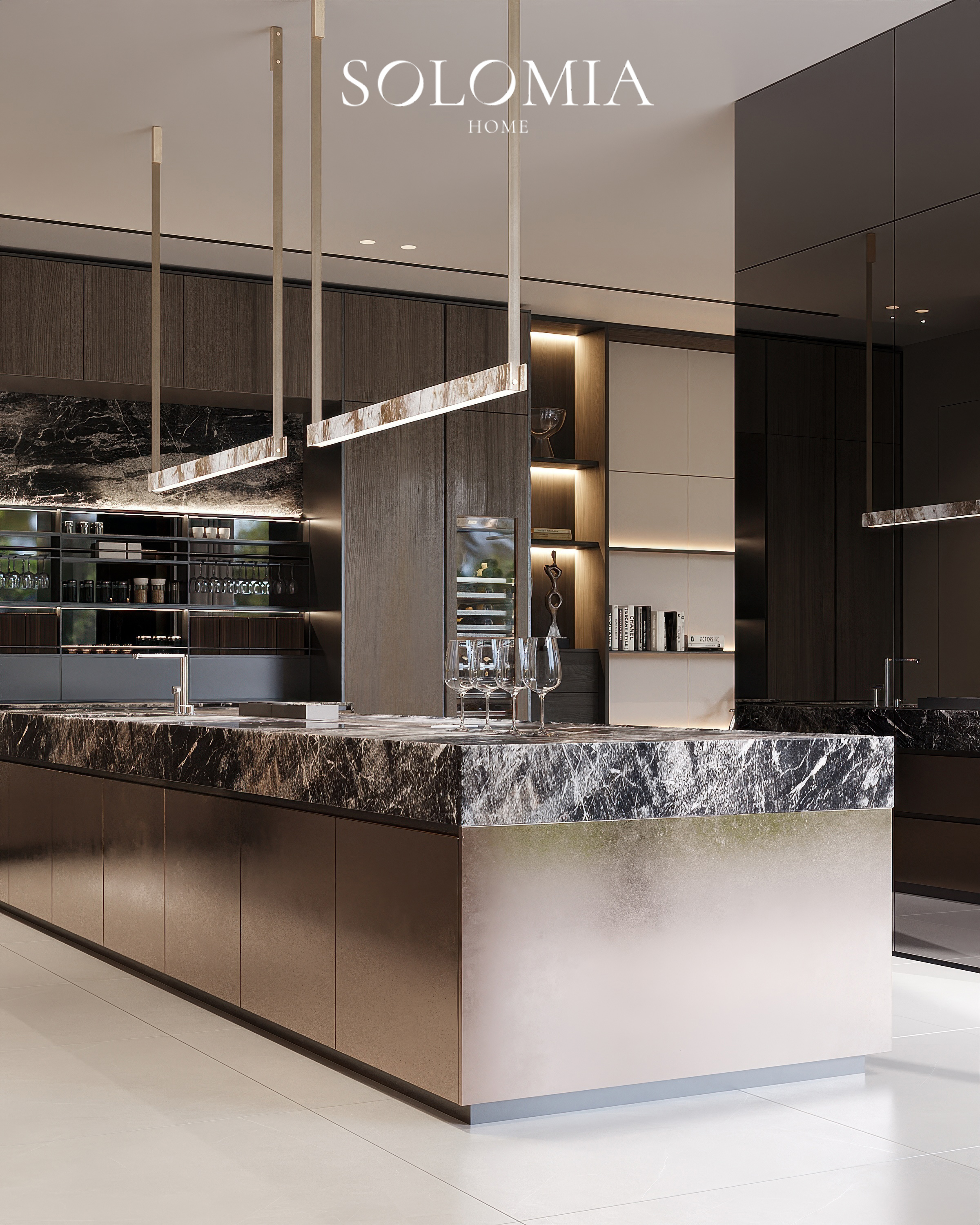 Kitchen with black marble island, Dubai Hills Villa — luxury interior design Dubai