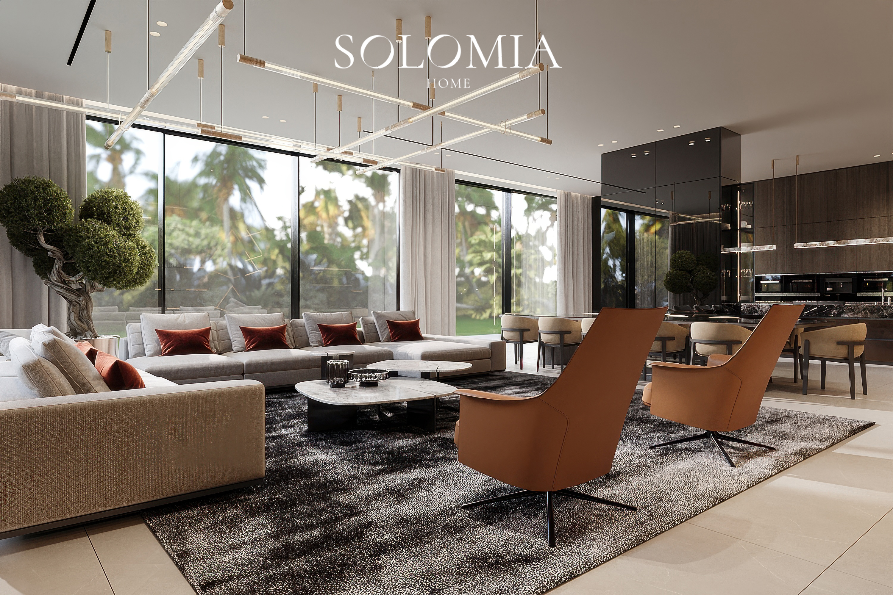 Living room with orange armchairs and garden view, Dubai Hills Villa — luxury interior design Dubai