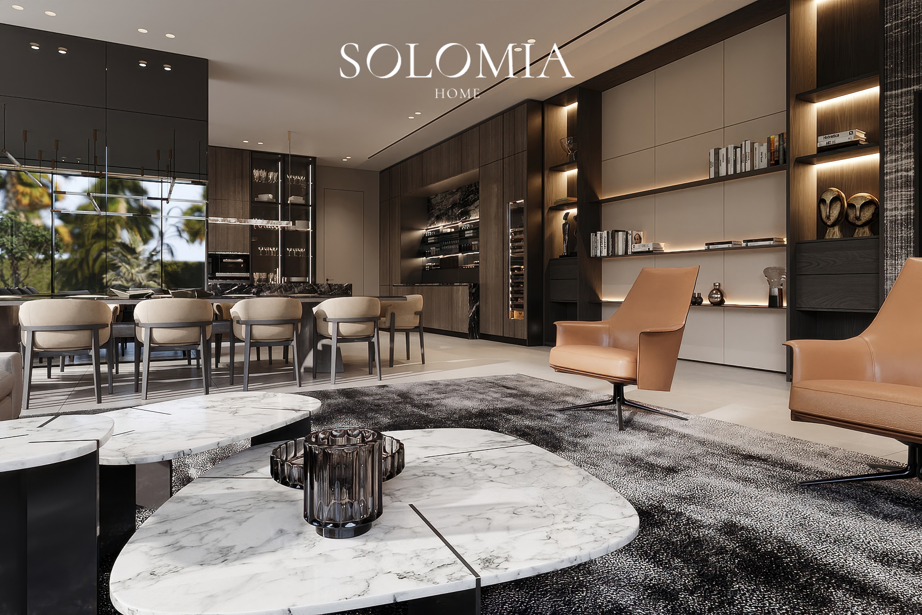 Dining table with black marble top, Dubai Hills Villa — luxury interior design Dubai