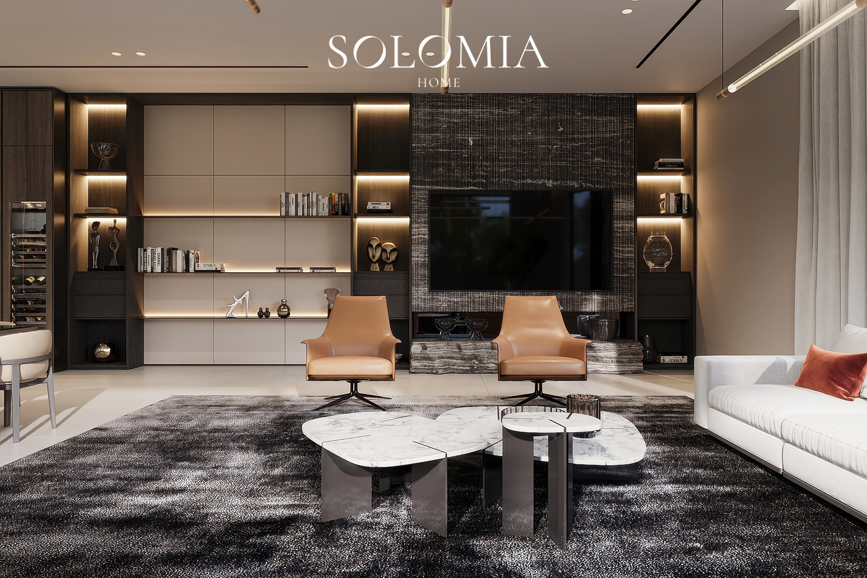 Lounge with TV wall and orange armchairs, Dubai Hills Villa — luxury interior design Dubai