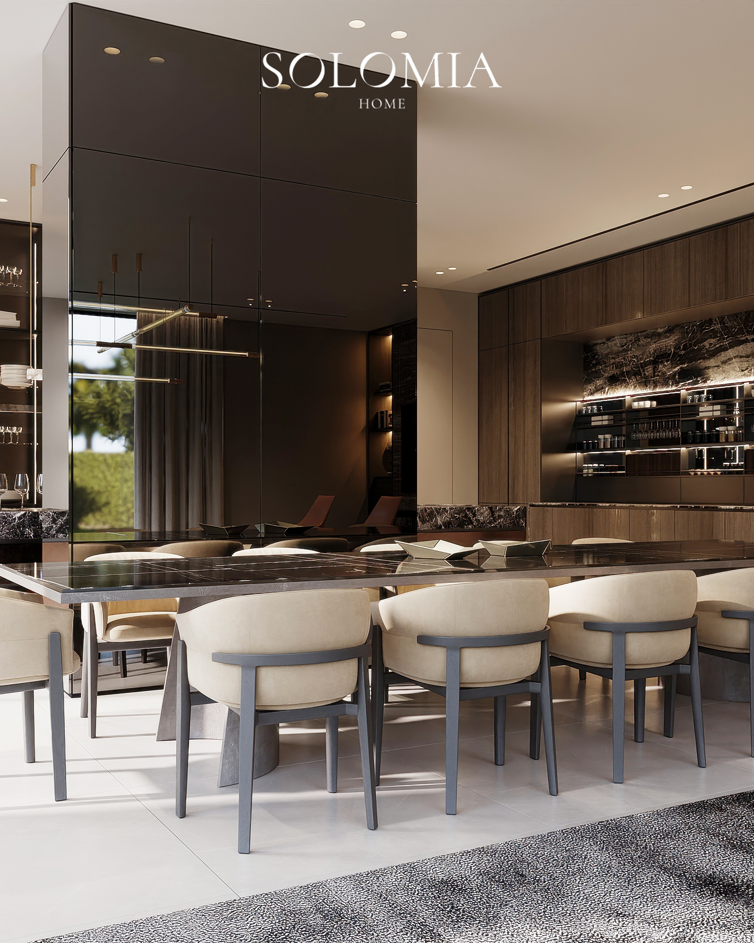 Dining area with black marble table, Dubai Hills Villa — luxury interior design Dubai