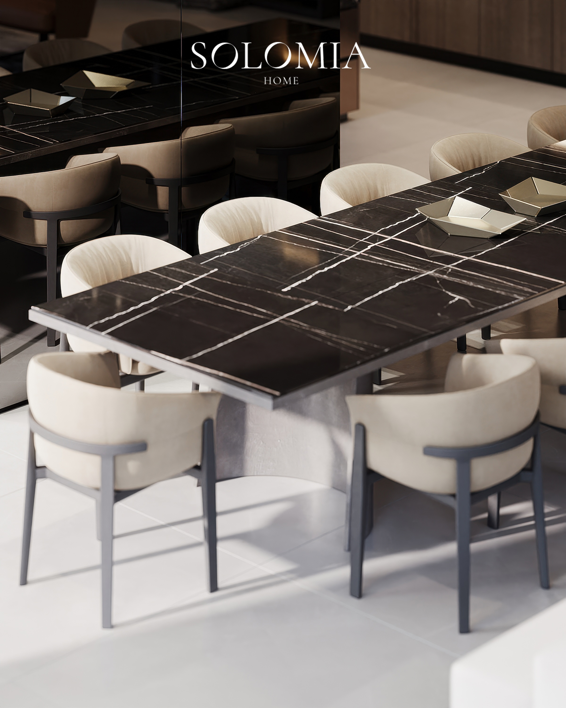 Black marble dining table with cream chairs, Dubai Hills Villa — luxury interior design Dubai
