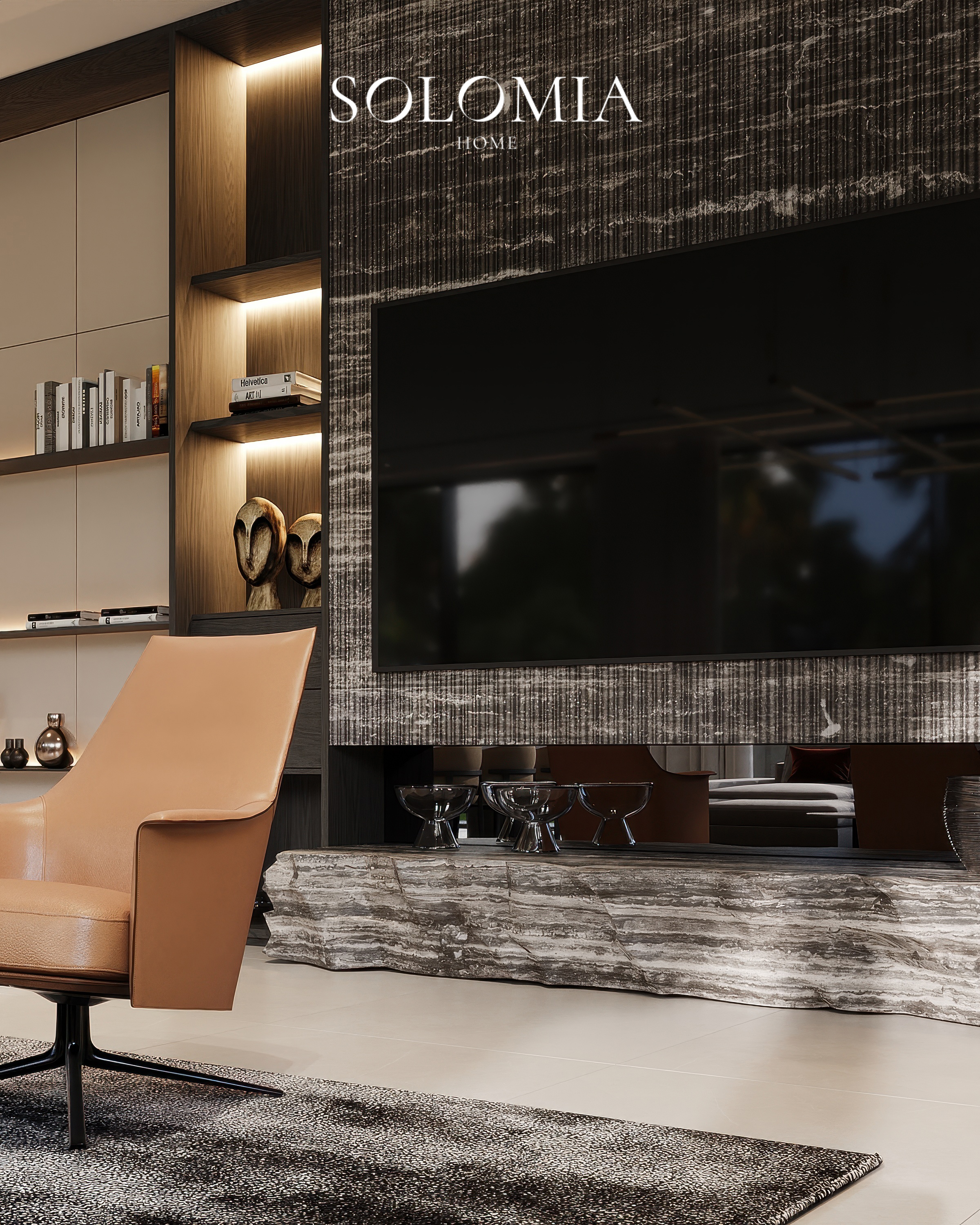 TV wall with stone panel and orange armchair, Dubai Hills Villa — luxury interior design Dubai