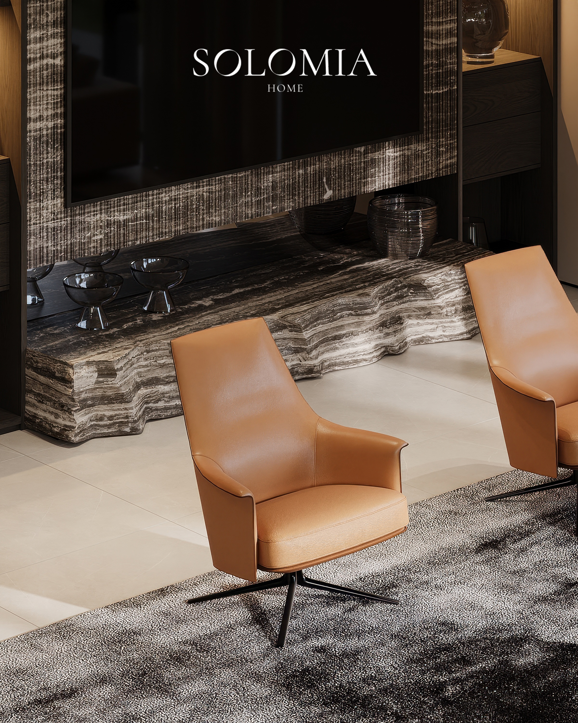 Orange leather armchair by the TV wall, Dubai Hills Villa — luxury interior design Dubai