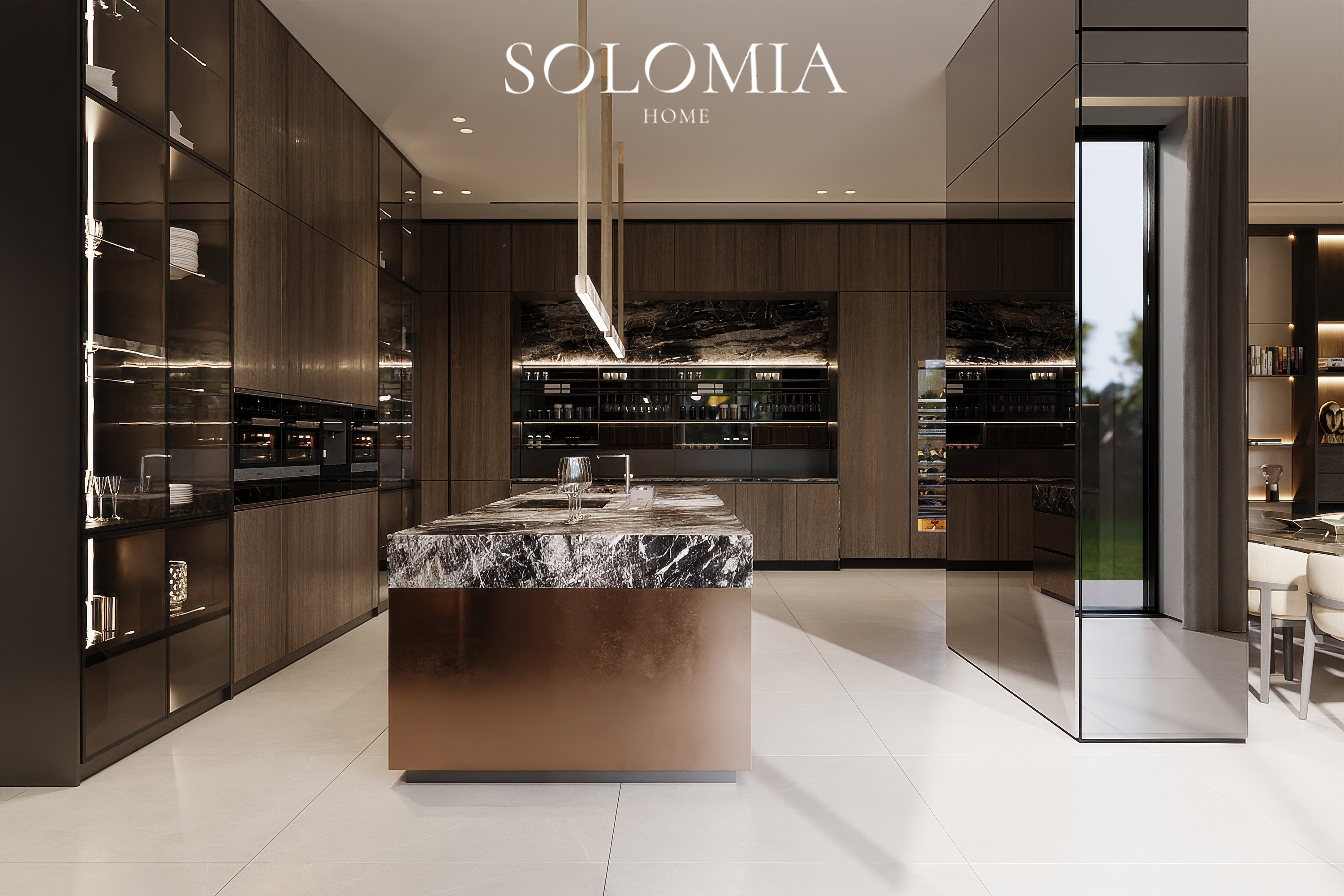 Kitchen with dark marble island, Dubai Hills Villa — luxury interior design Dubai