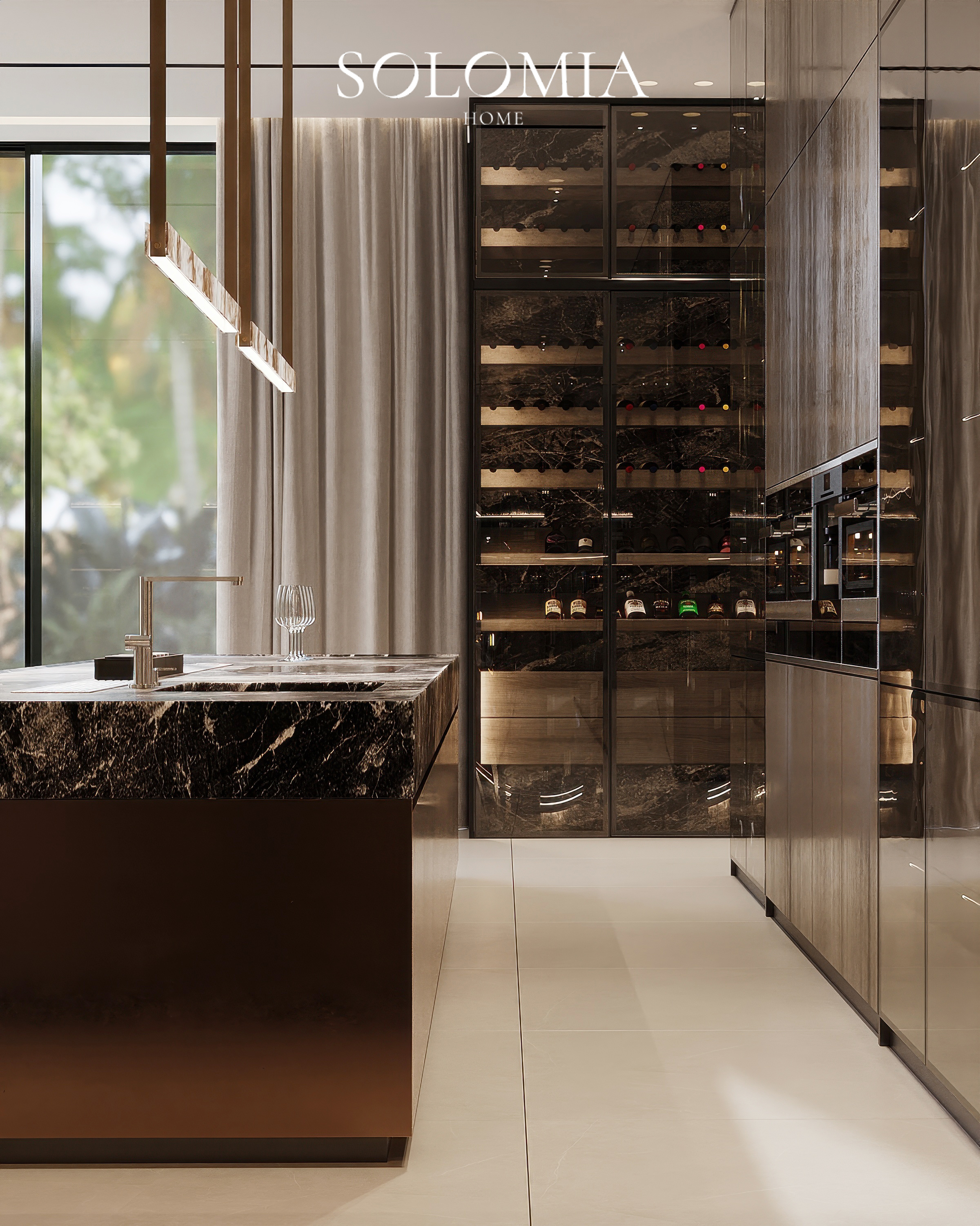 Kitchen with wine cabinet, Dubai Hills Villa — luxury interior design Dubai