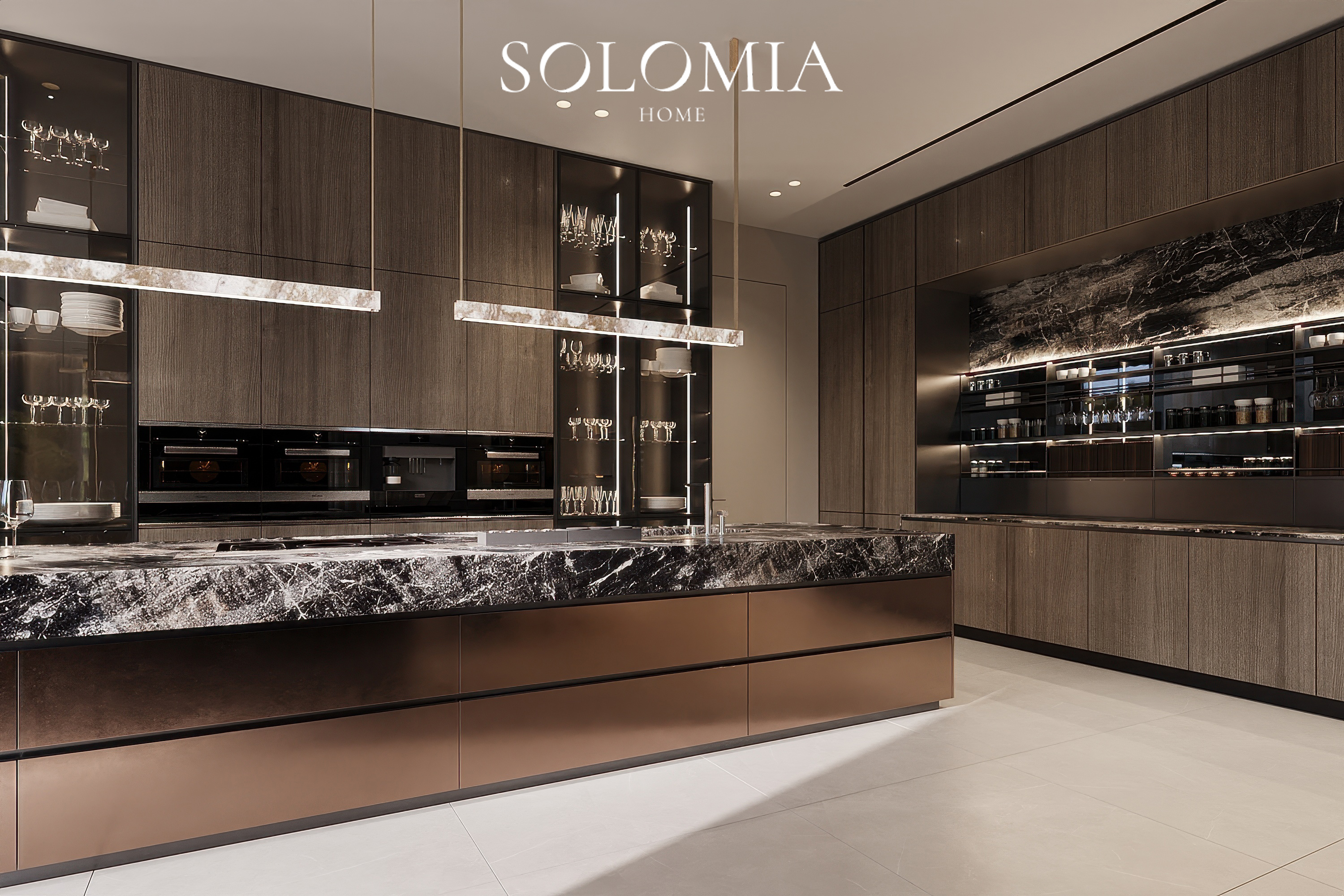 Kitchen island with linear pendant light, Dubai Hills Villa — luxury interior design Dubai