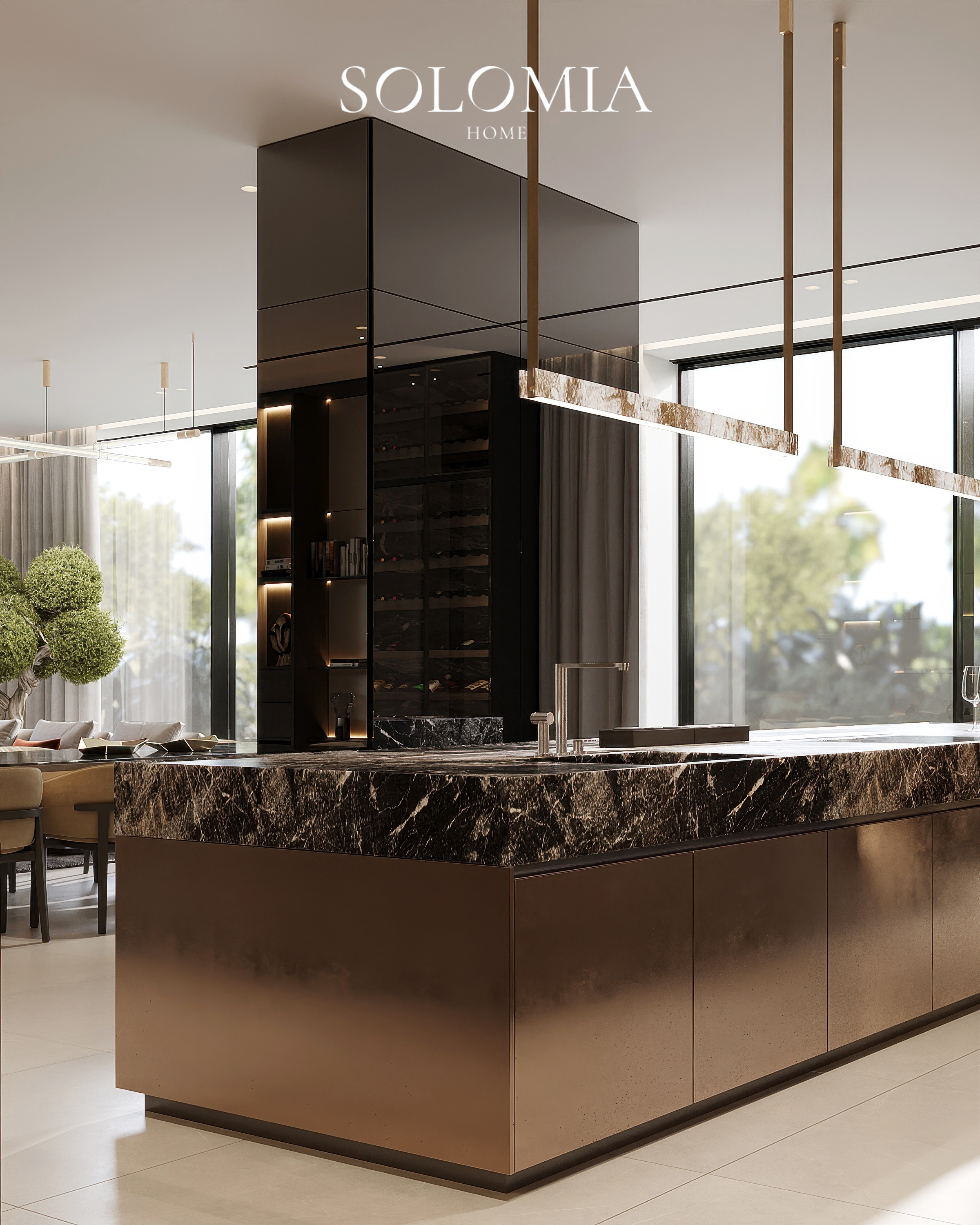 Kitchen island with garden view, Dubai Hills Villa — luxury interior design Dubai
