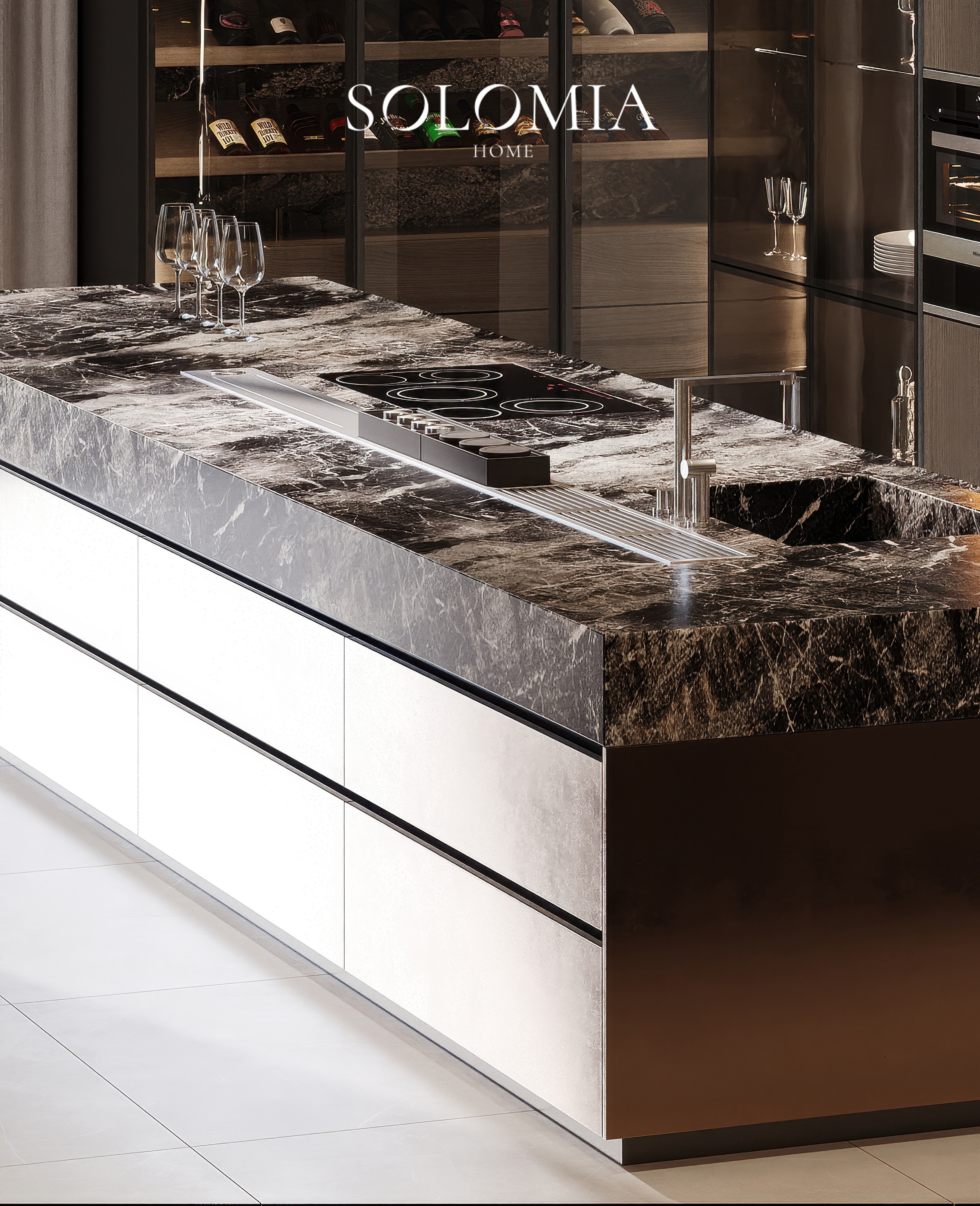 Marble kitchen island with hob, Dubai Hills Villa — luxury interior design Dubai