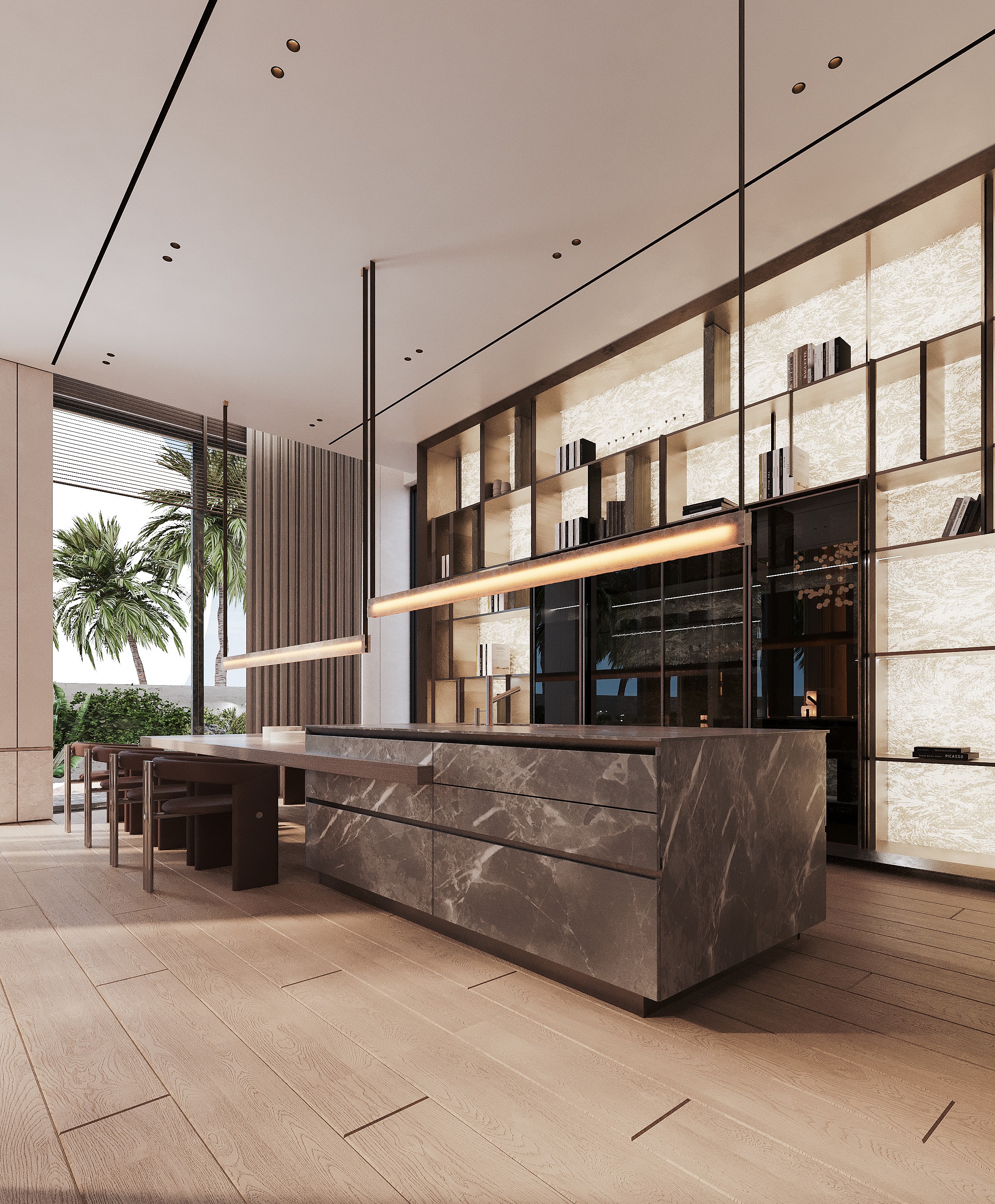 Marble island kitchen — luxury interior design Dubai