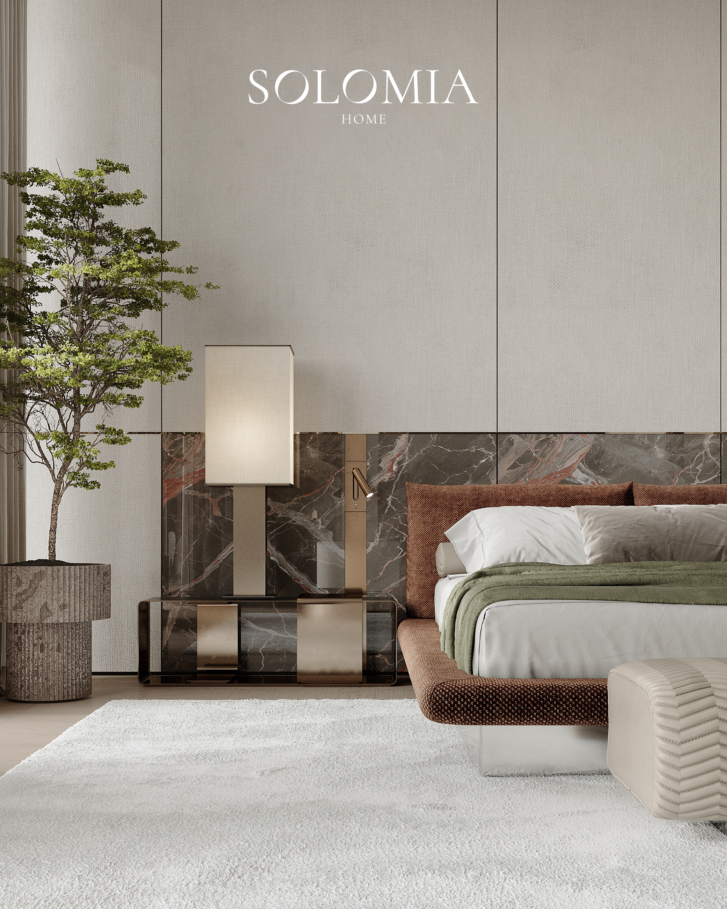 Bedroom with green bedspread and olive tree, Aurum Coastline — luxury interior design Dubai