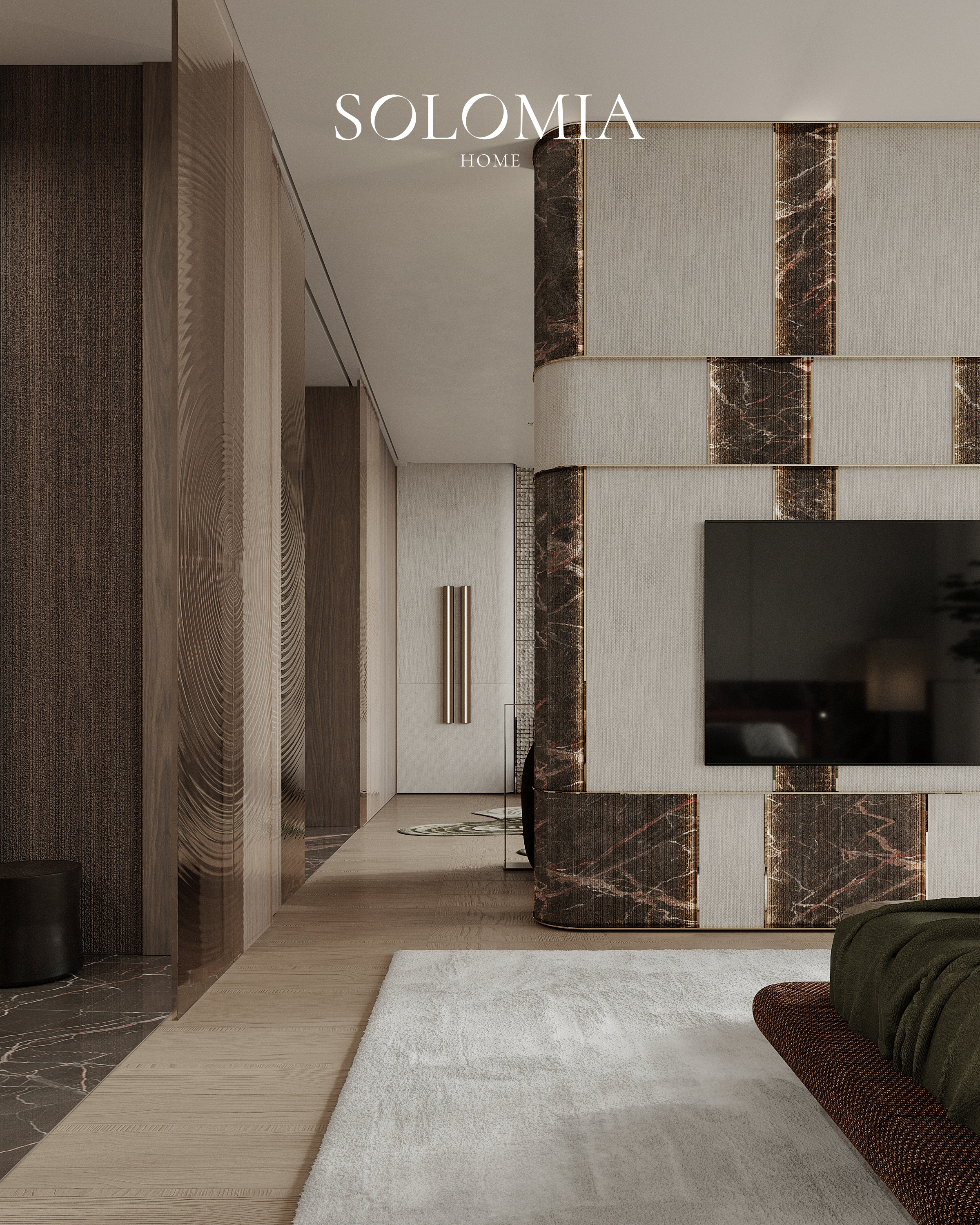 Bedroom with marble TV partition, Aurum Coastline — luxury interior design Dubai