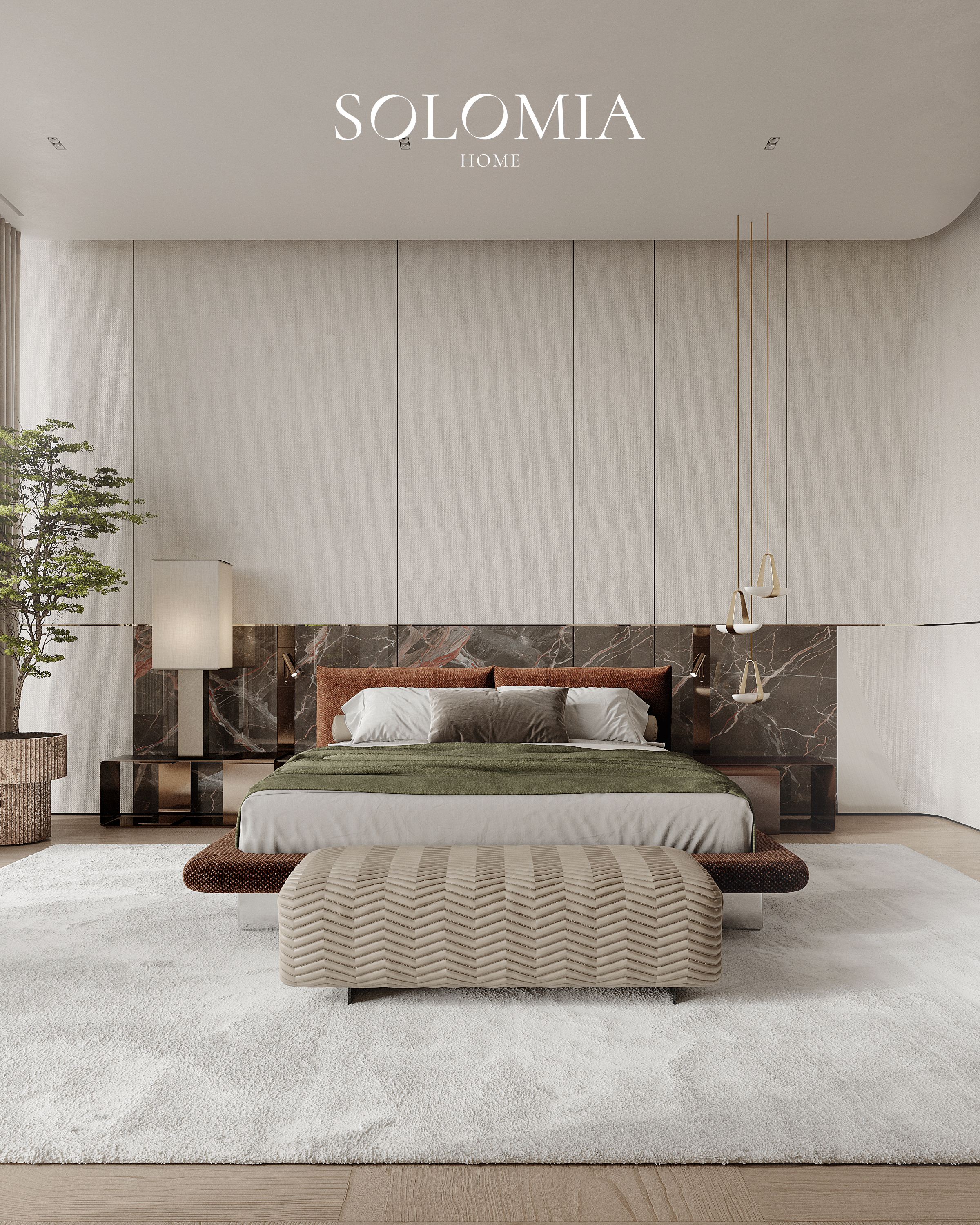 Bedroom with marble headboard and green bedding, Aurum Coastline — luxury interior design Dubai