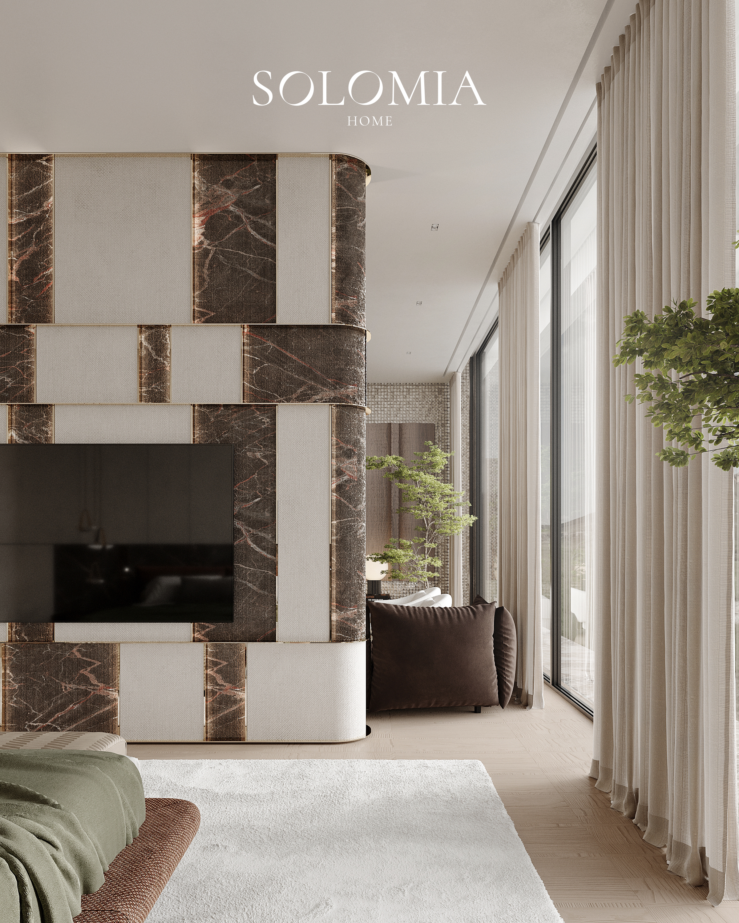 Bedroom with marble partition and window, Aurum Coastline — luxury interior design Dubai