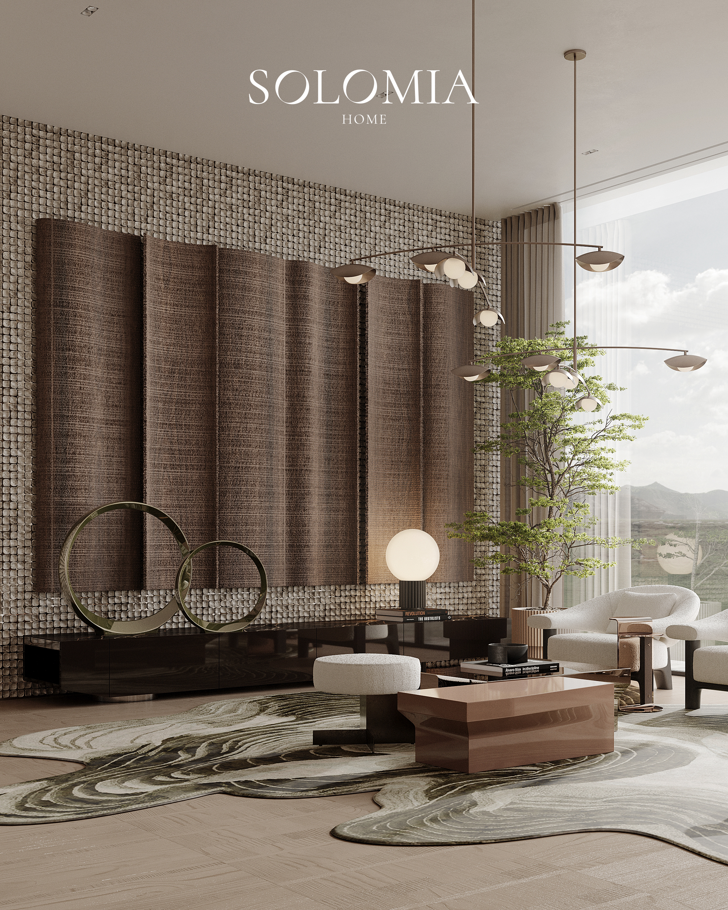 Living room with fluted wood wall and ring lights, Aurum Coastline — luxury interior design Dubai